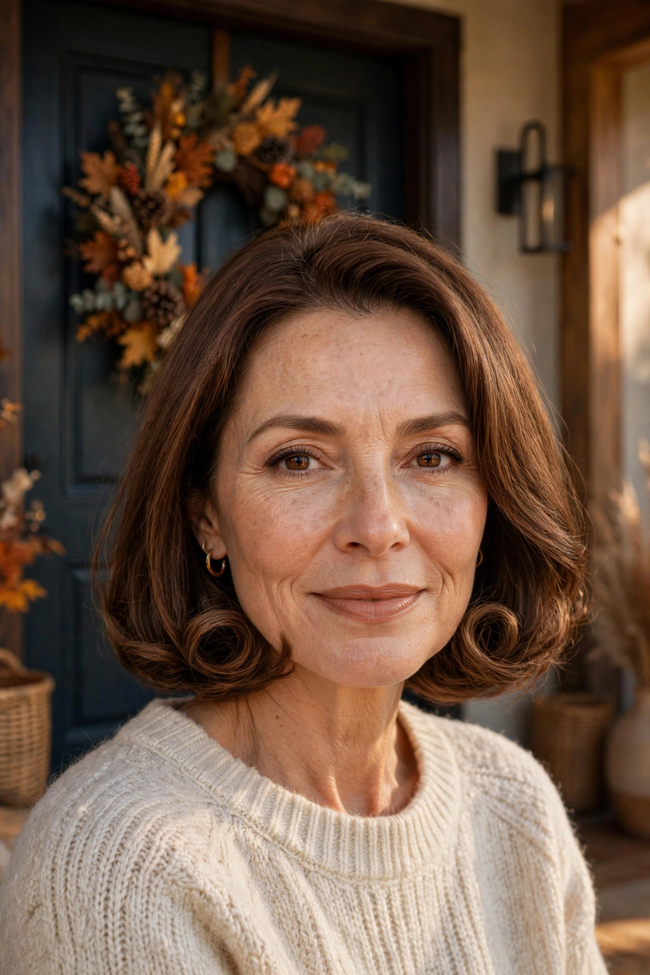 Woman in her early 50s with long brown hair tucked into a faux bob in an entryway