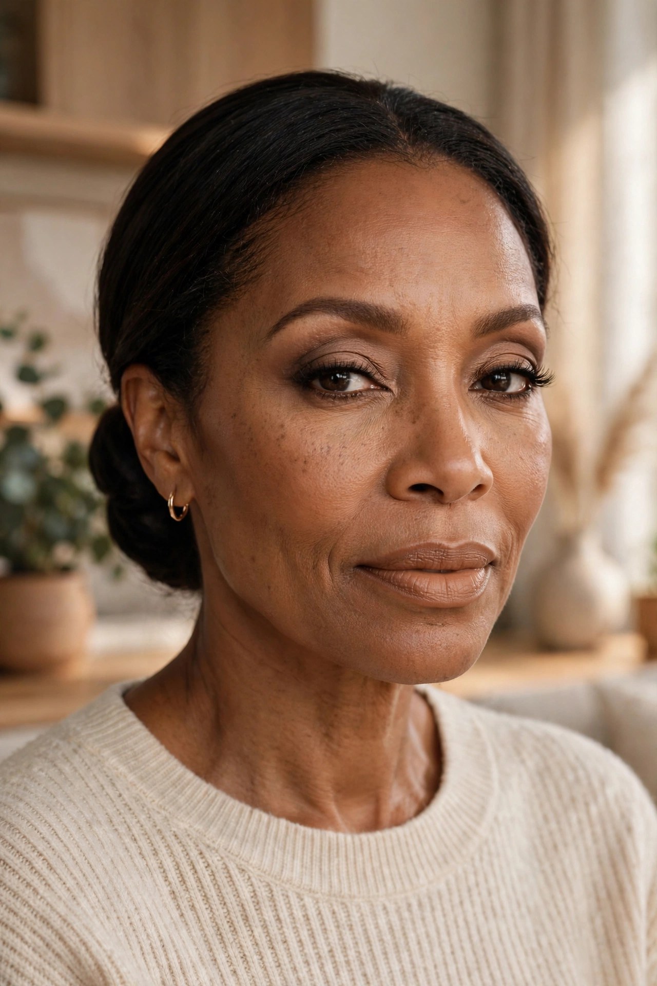 Black woman in her early 50s with a sleek bun wearing mocha brown cream eyeshadow