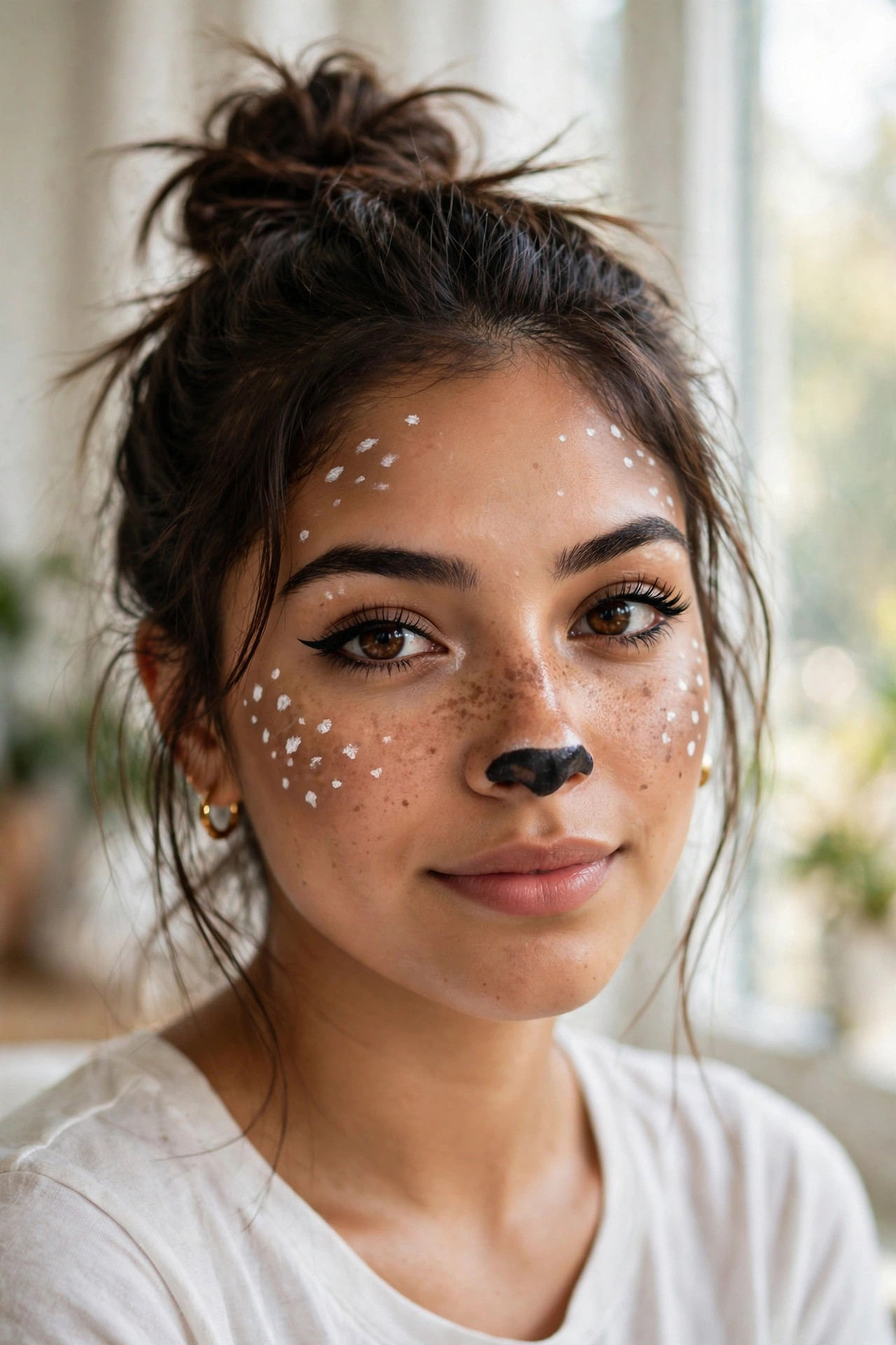Woman with quick five-minute deer makeup, simple eyeliner spots and darkened nose