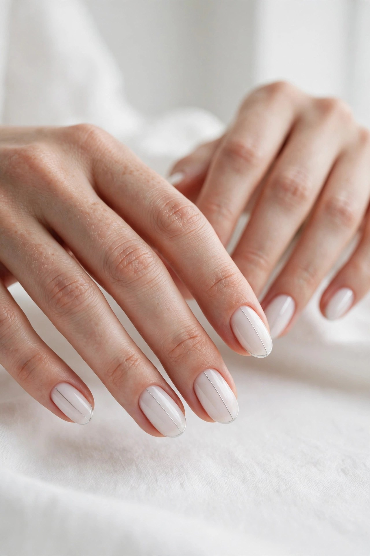 Hands with fair skin and oval nails in milky white polish with a delicate silver line design