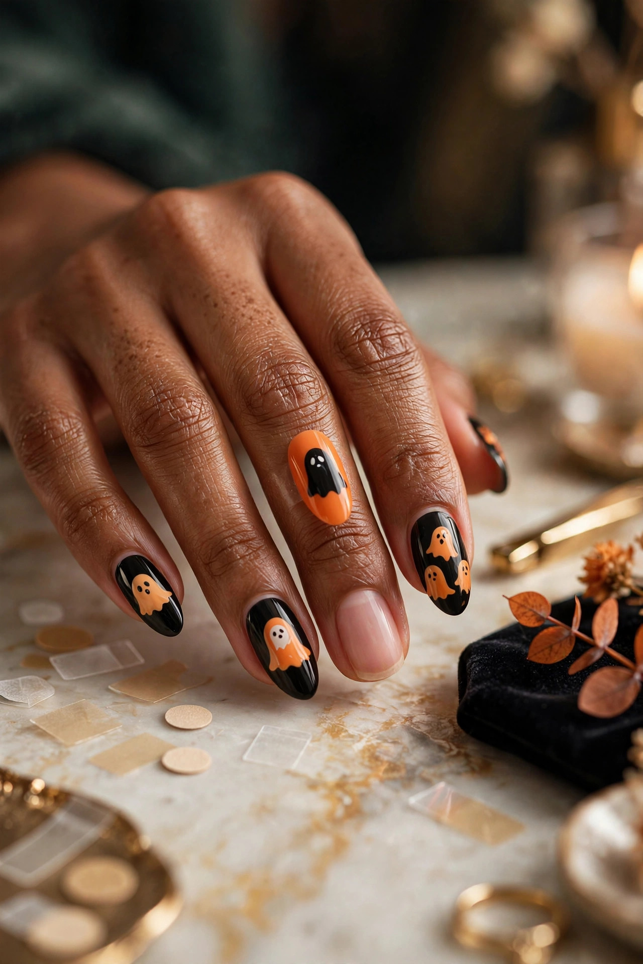 Almond press-on nails with Halloween design being applied, zero dry time