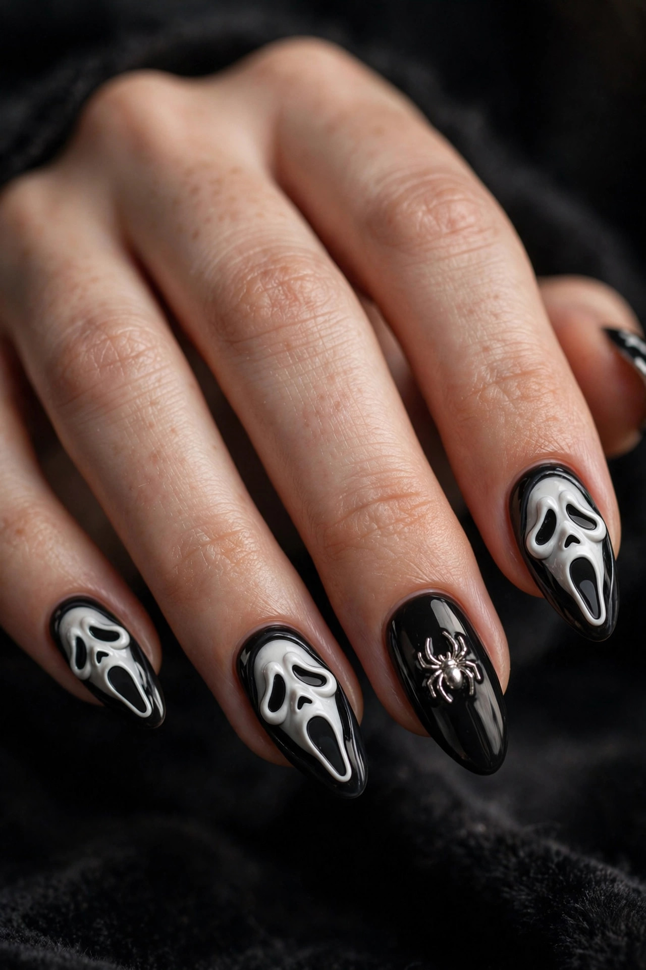 Teen hand with Ghostface nail art and tiny 3D silver charms