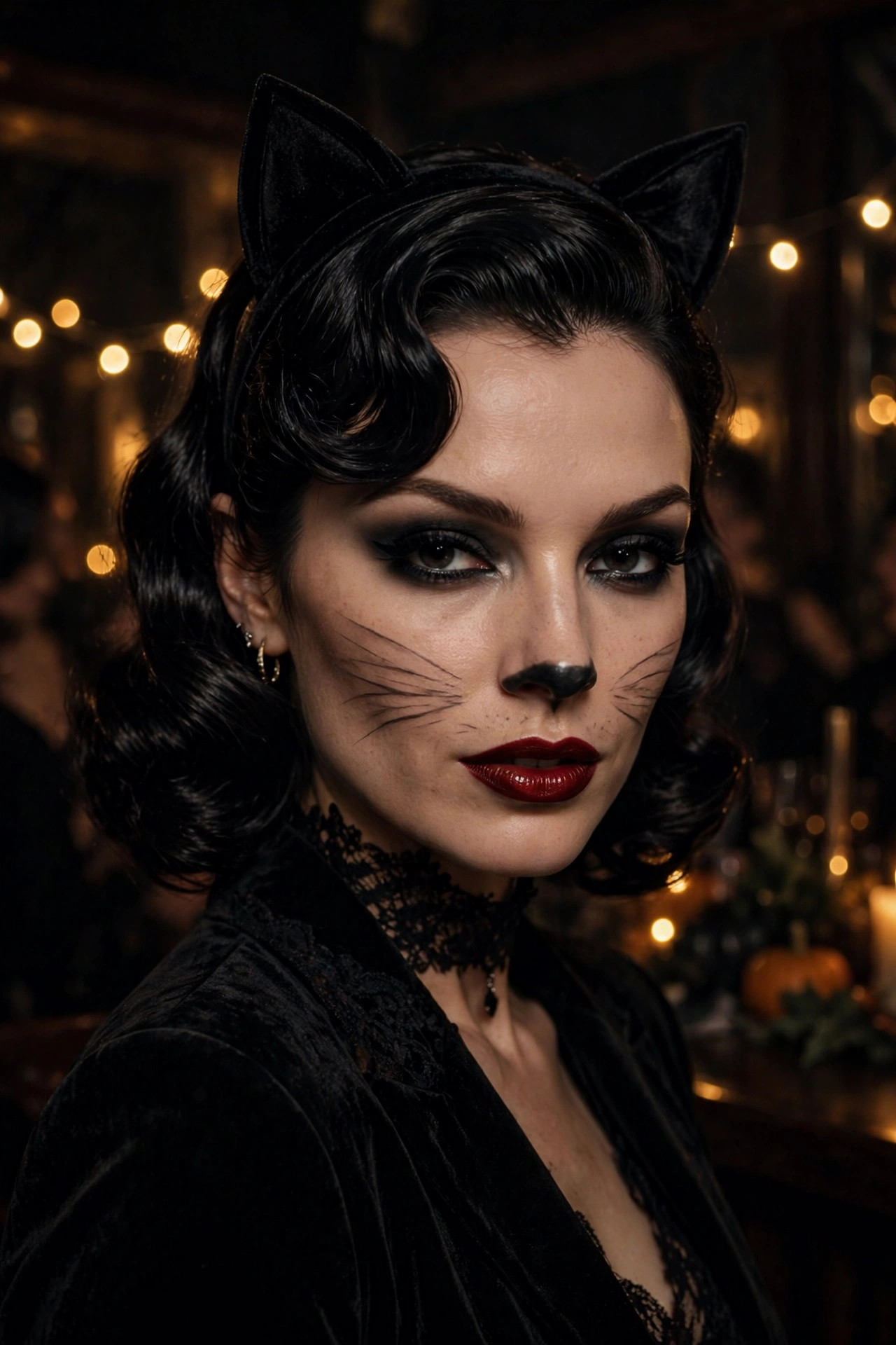 Woman with classic cat woman makeup for Halloween party, deep red lip and cat ears