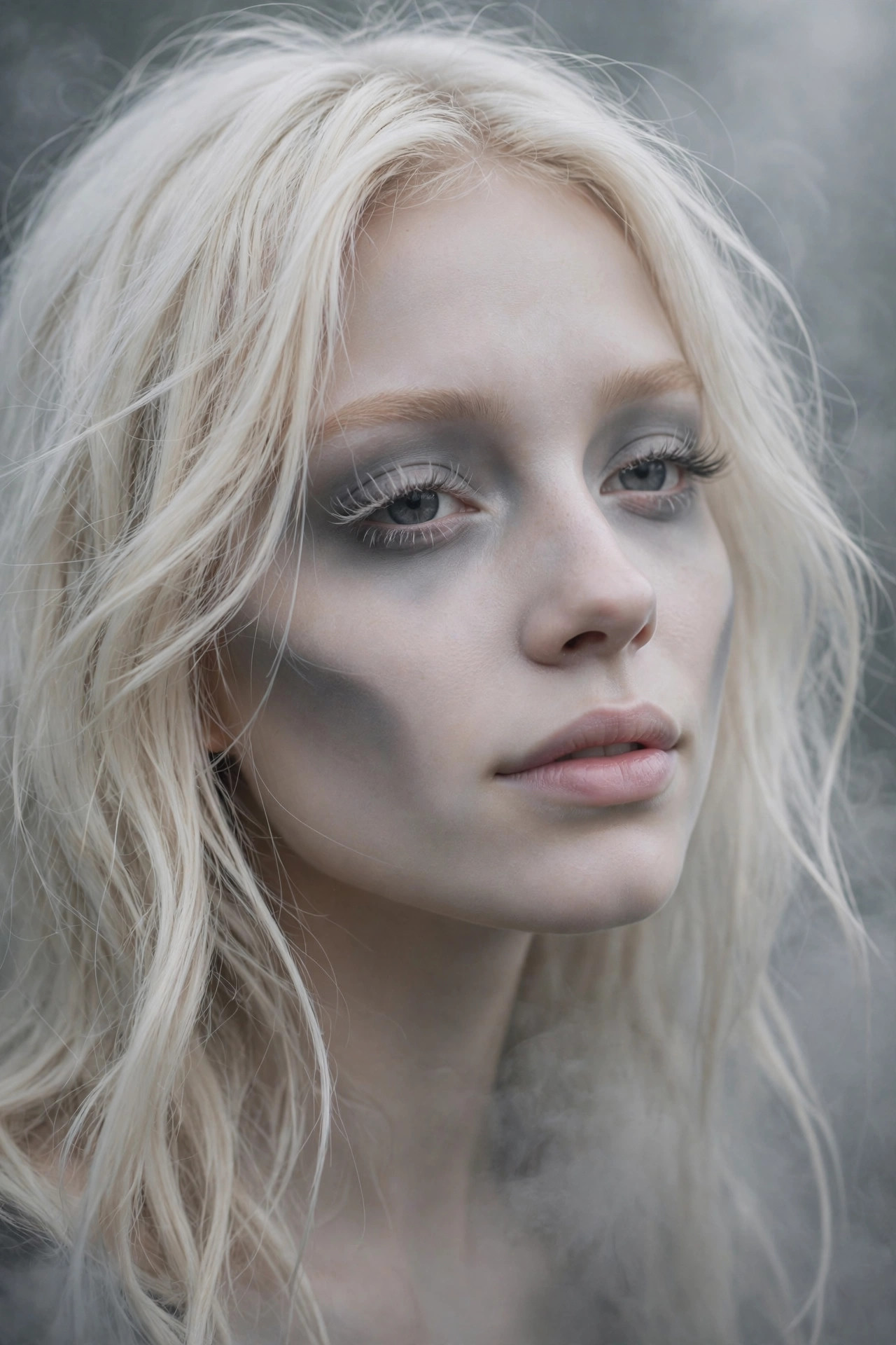 Young woman with friendly ghost Halloween makeup, pale base, and soft grey shading