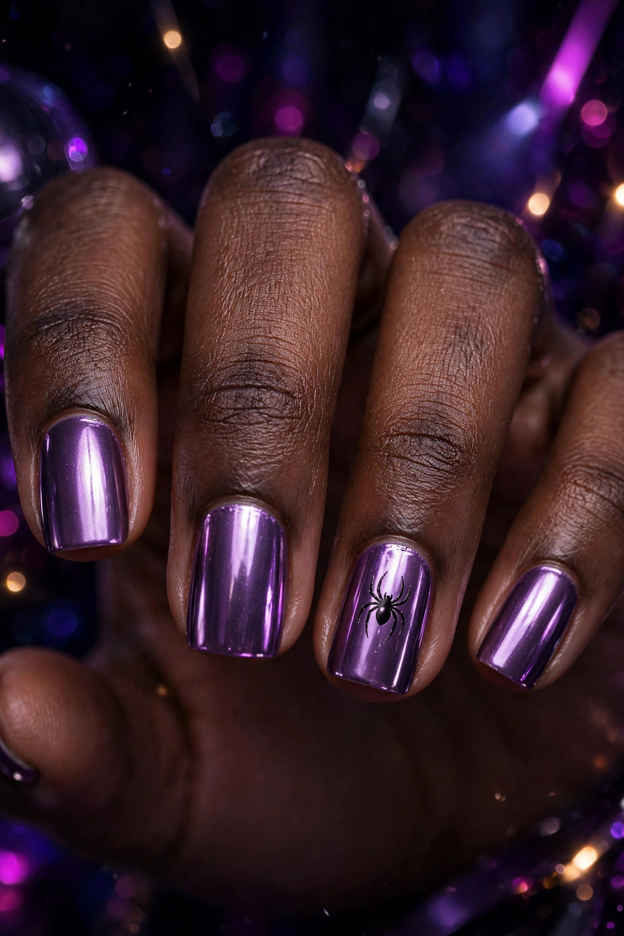 Teen hand with metallic purple chrome nails and spider decal