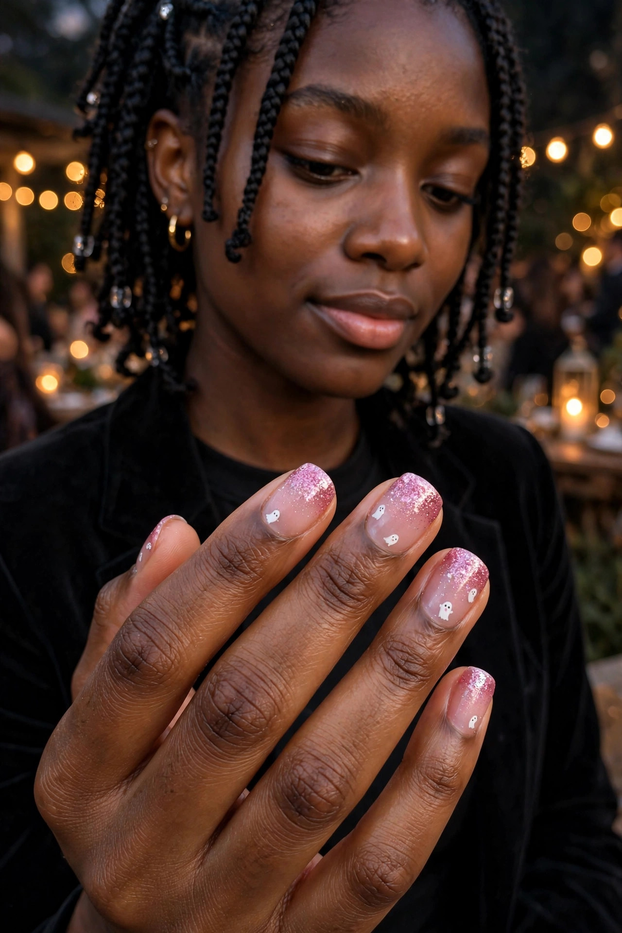 Pink glitter ombre short nails with tiny white ghost silhouettes