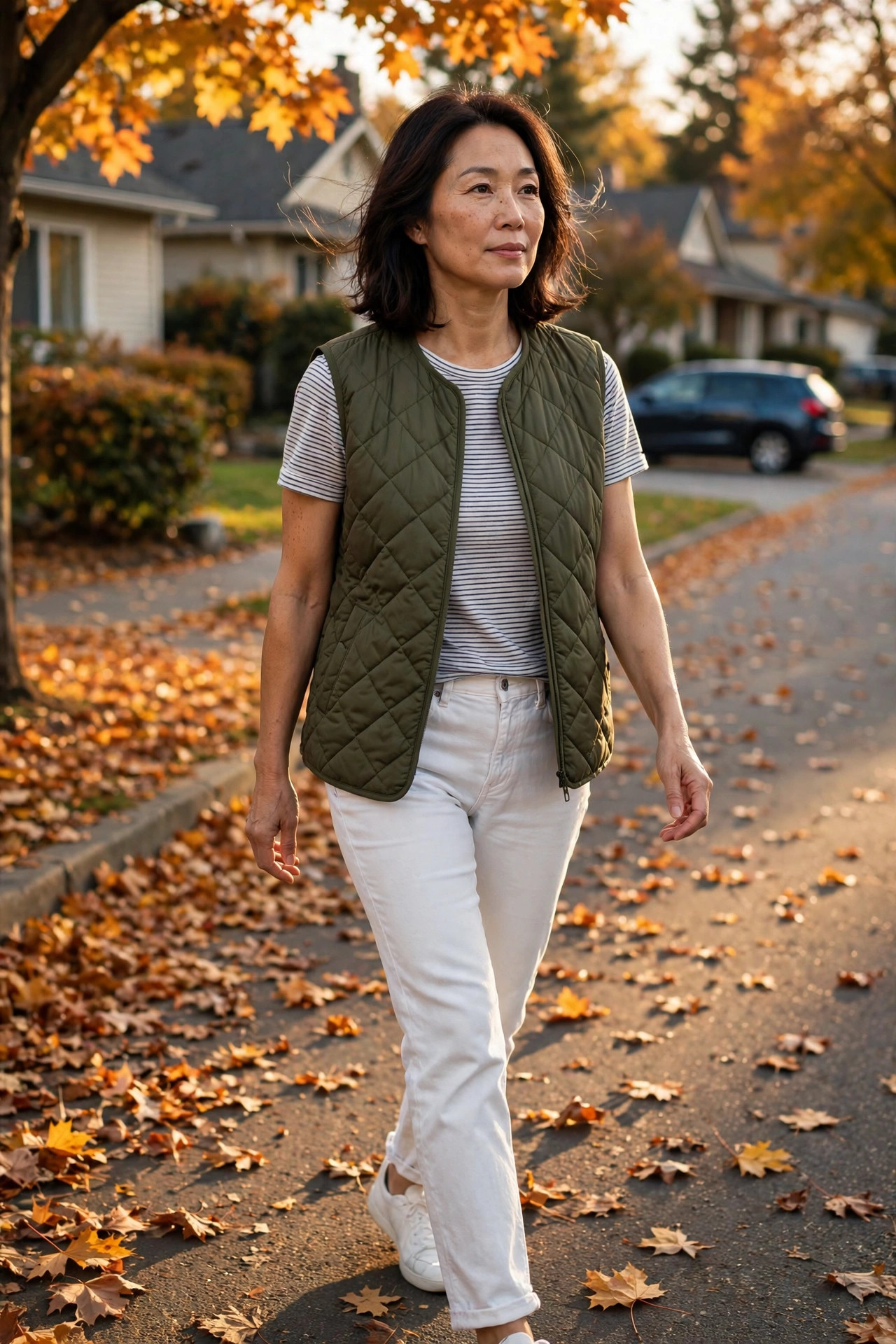 Woman with shoulder-length hair wearing a quilted vest over a striped tee and white jeans on a suburban street with fall leaves
