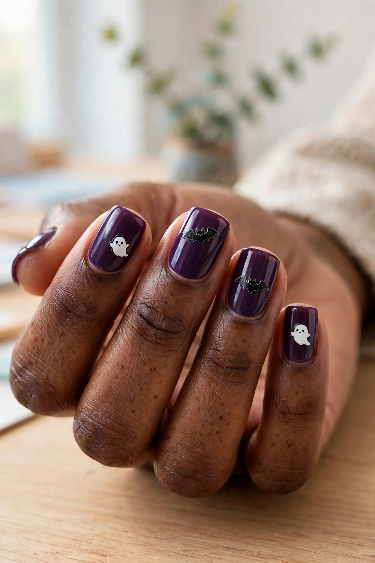 Short square nails with Halloween nail stickers over deep purple base