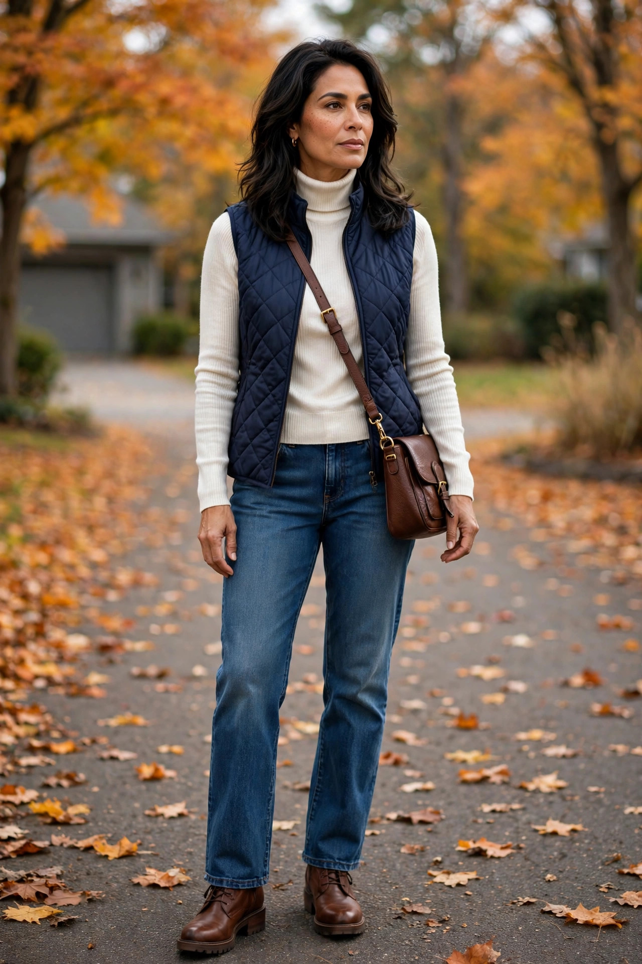 Woman in a quilted vest over a turtleneck with jeans in a driveway