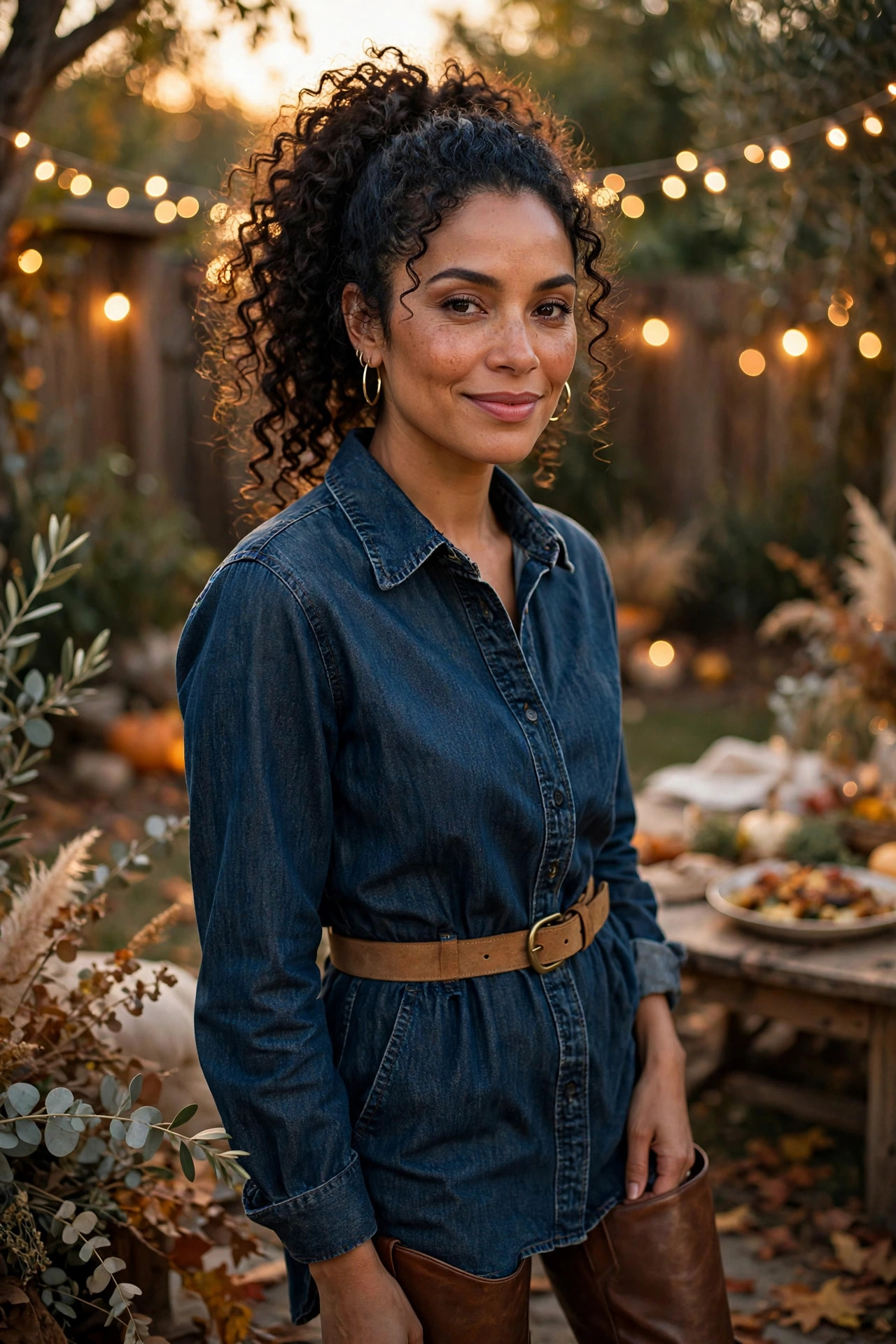 Woman in a denim shirt dress with knee-high boots in a backyard