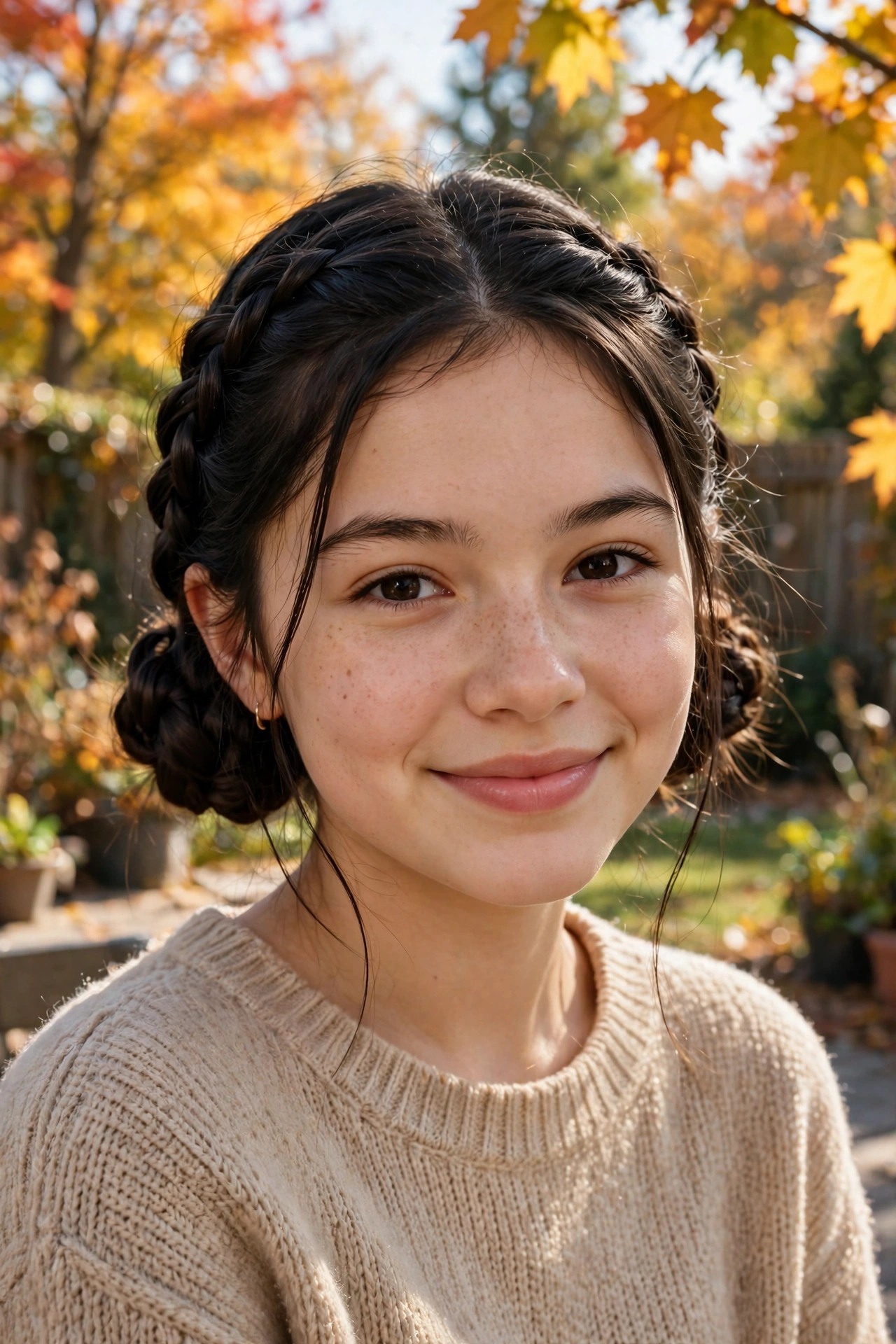 Young woman in her late teens with two Dutch braids styled into low buns in a backyard