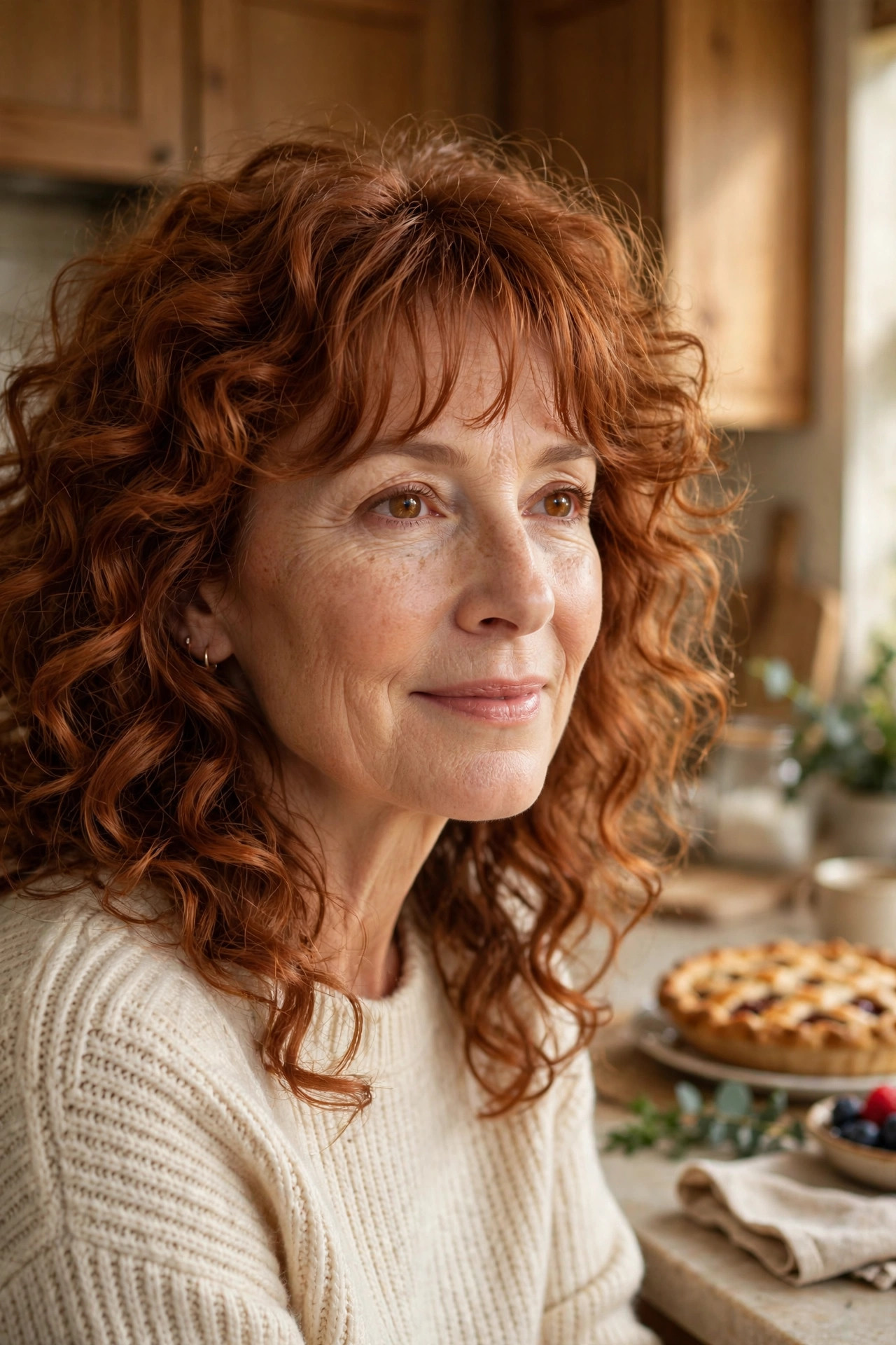 Woman in her mid 50s with voluminous copper curls and soft wispy bangs in a kitchen with pie