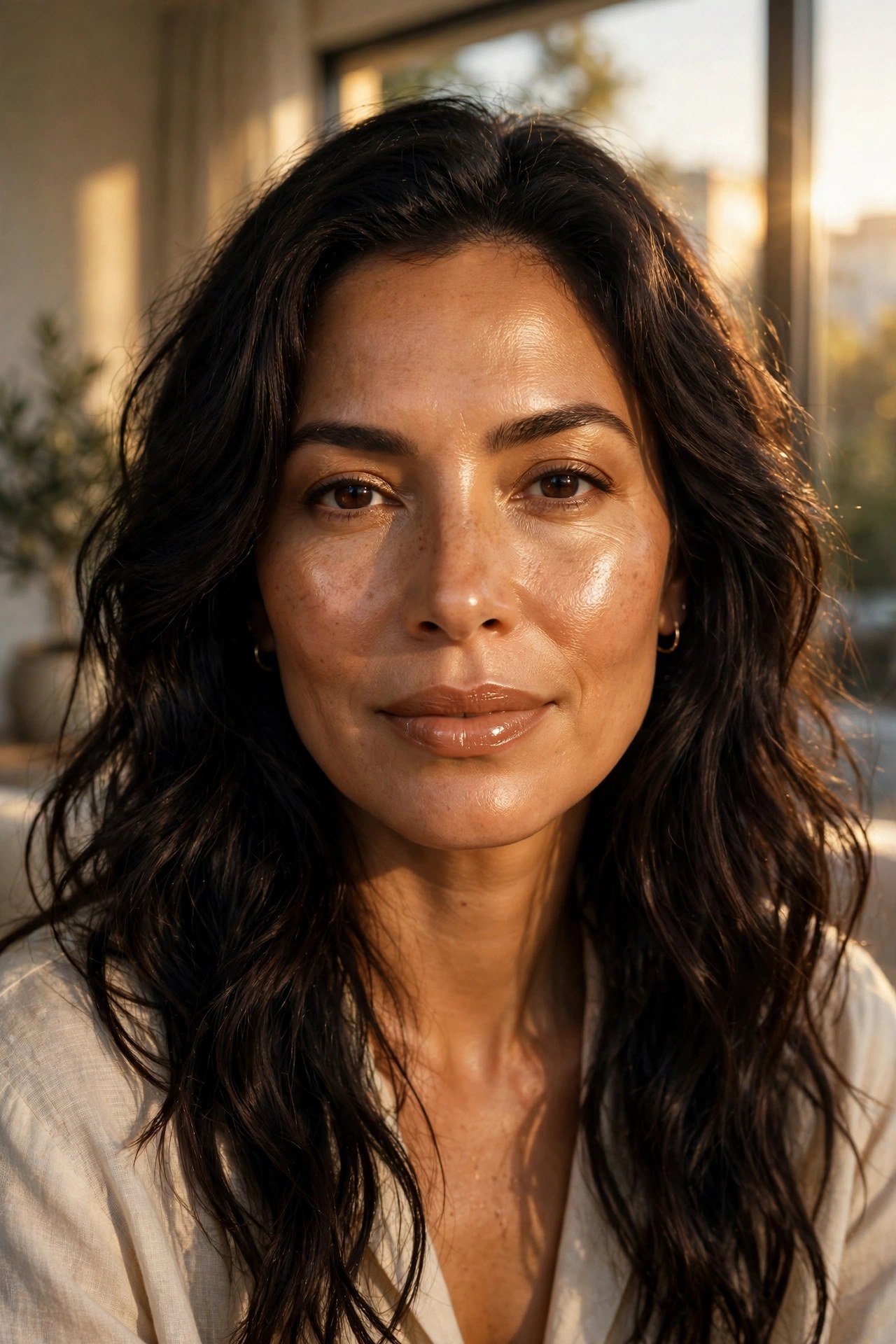 Latina woman in her early 40s with glowing skin and a glossy lip in afternoon window light