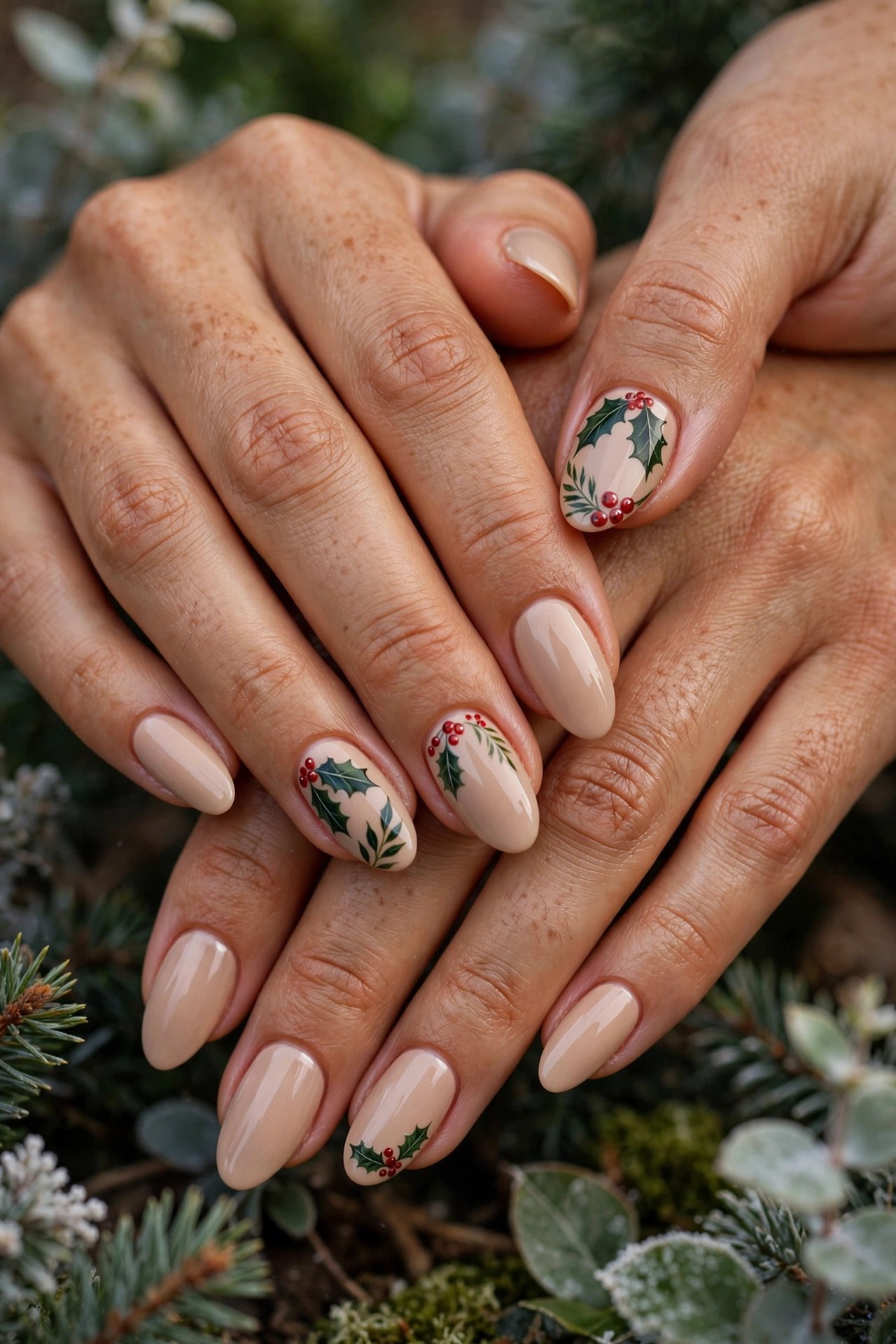 Hands with olive skin and almond nails with holly leaves and red berry nail art on nude polish