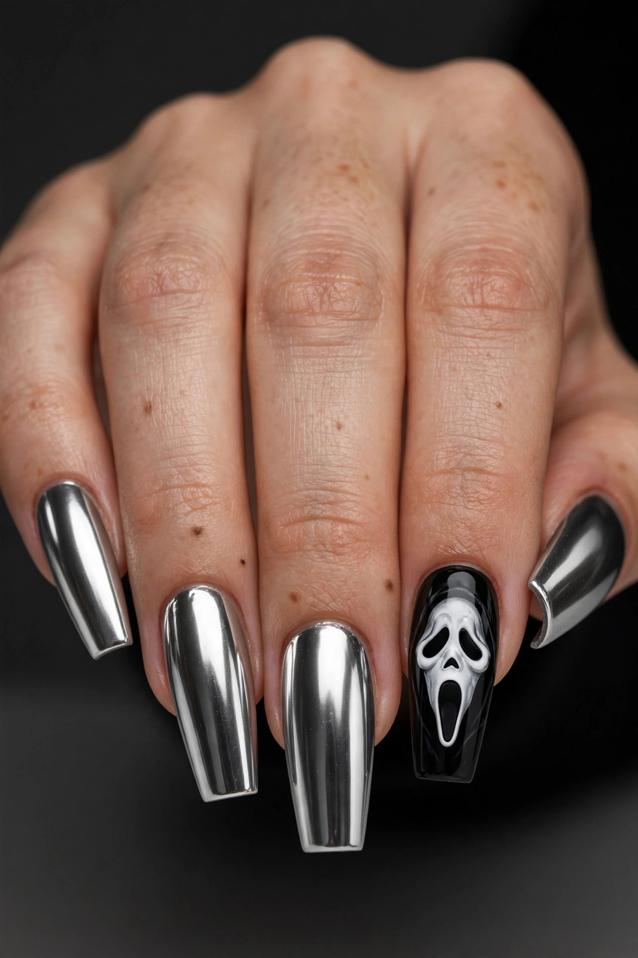 Teen hand with silver chrome nails and black Ghostface mask art