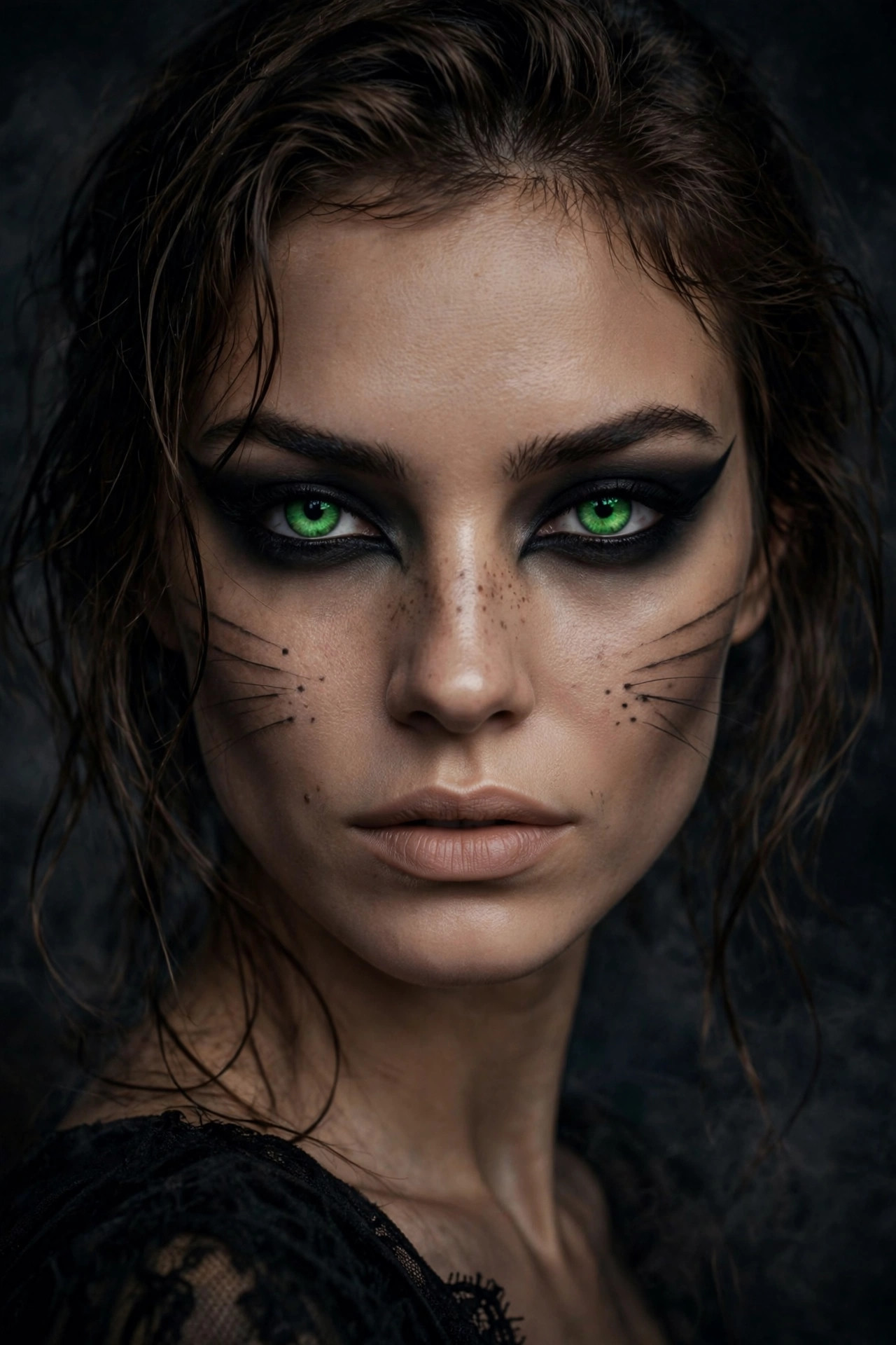 Woman with green-eyed siren cat makeup for Halloween party, colored contacts and deep smoky eye