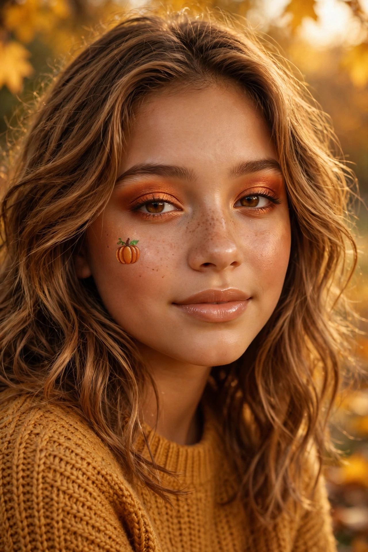 Teen girl with pumpkin-inspired Halloween makeup, warm orange eyeshadow
