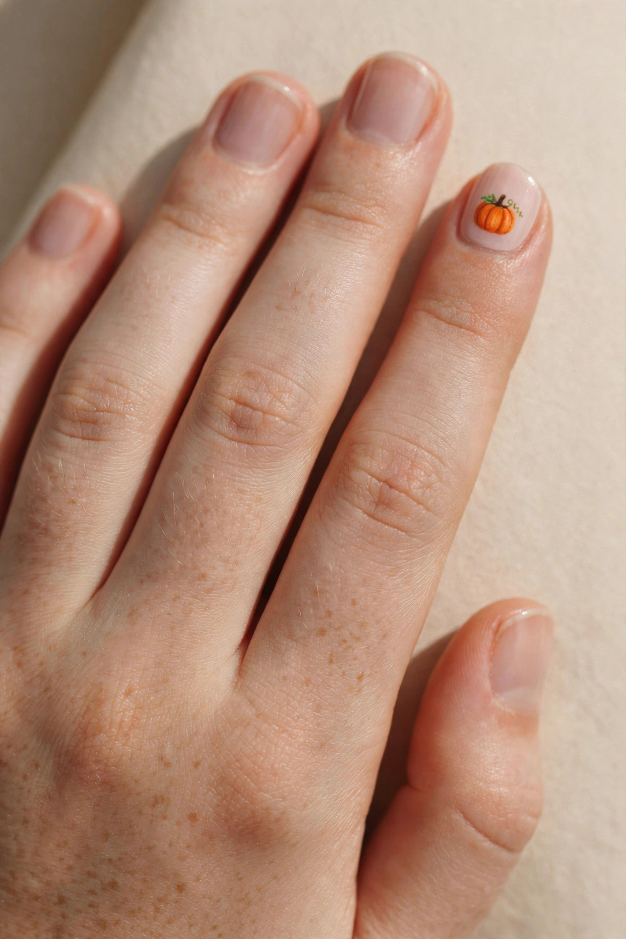 Teen hand with sheer nude nails and one tiny pumpkin accent