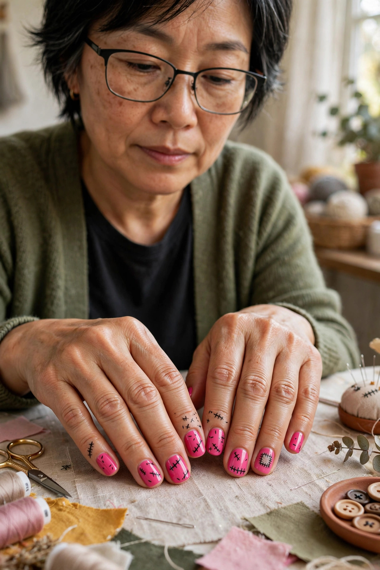 Pink short nails with black Frankenstein stitch lines across the nails