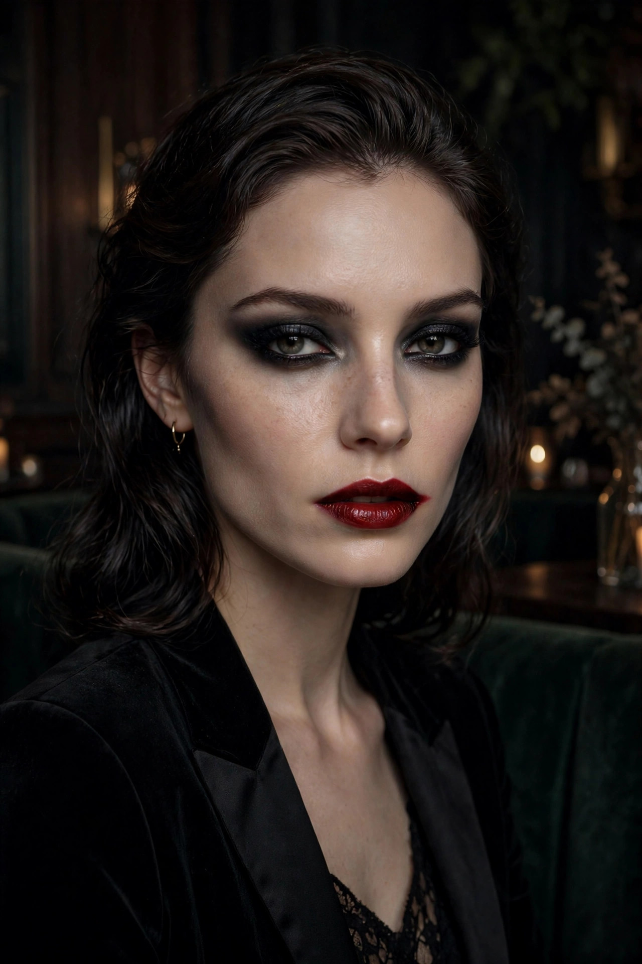 Woman with elegant vampire makeup and a subtle dark red accent at the corner of the mouth