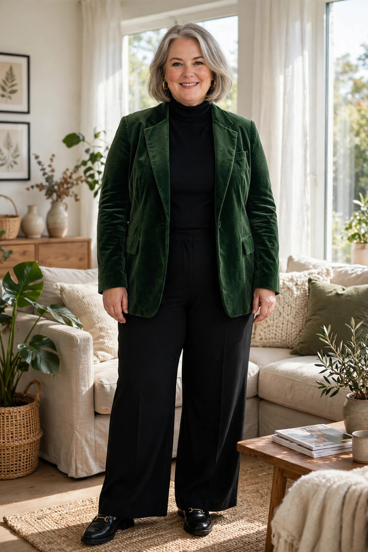 Plus-size woman in a forest velvet blazer and black wide-leg pants with loafers in a bright living room
