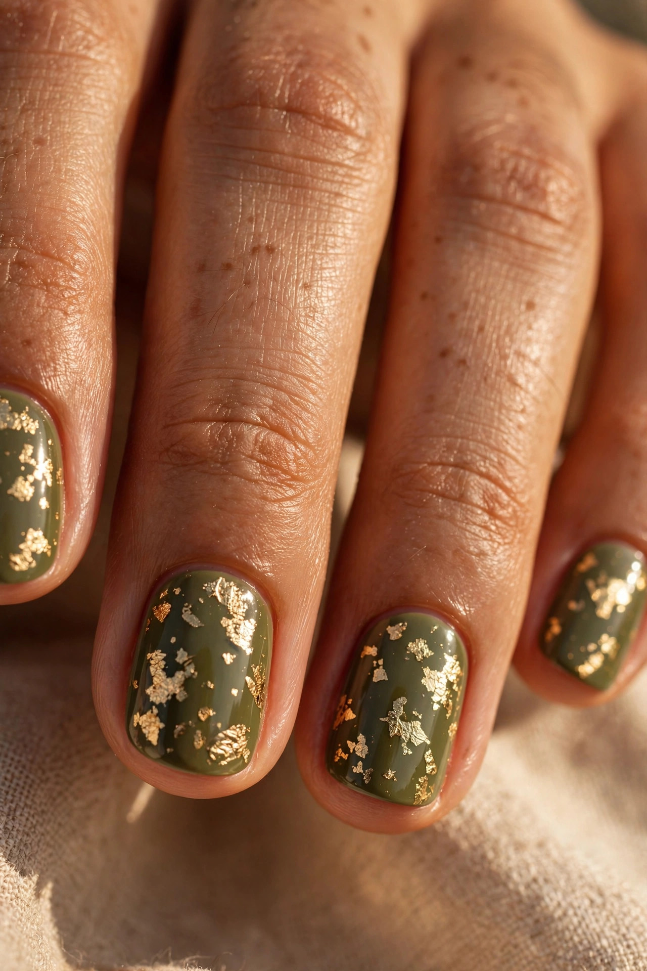 Short olive green nails with gold leaf flake accents