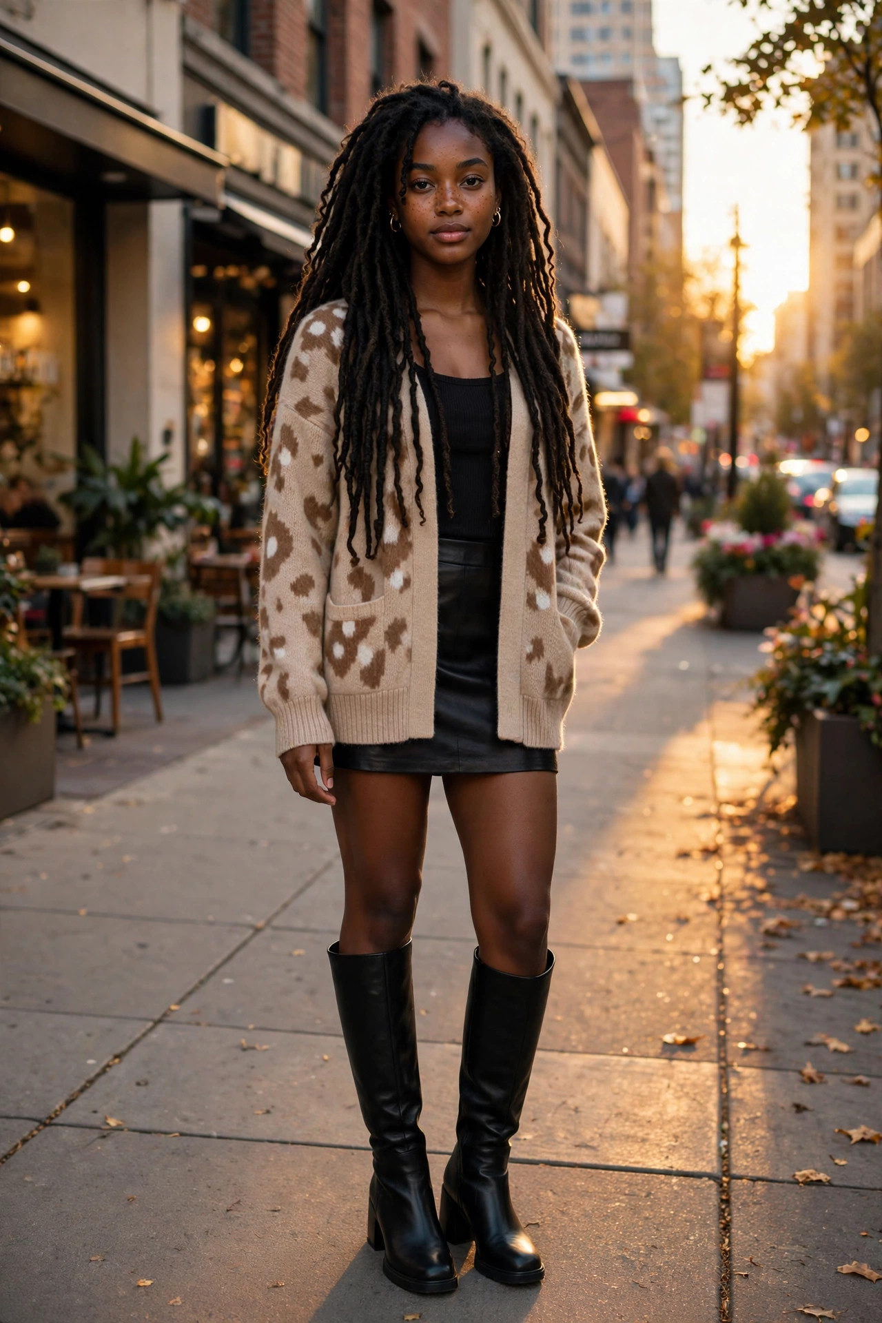 Young woman with long locs wearing a fawn-print cardigan and black mini skirt with knee boots on a downtown sidewalk