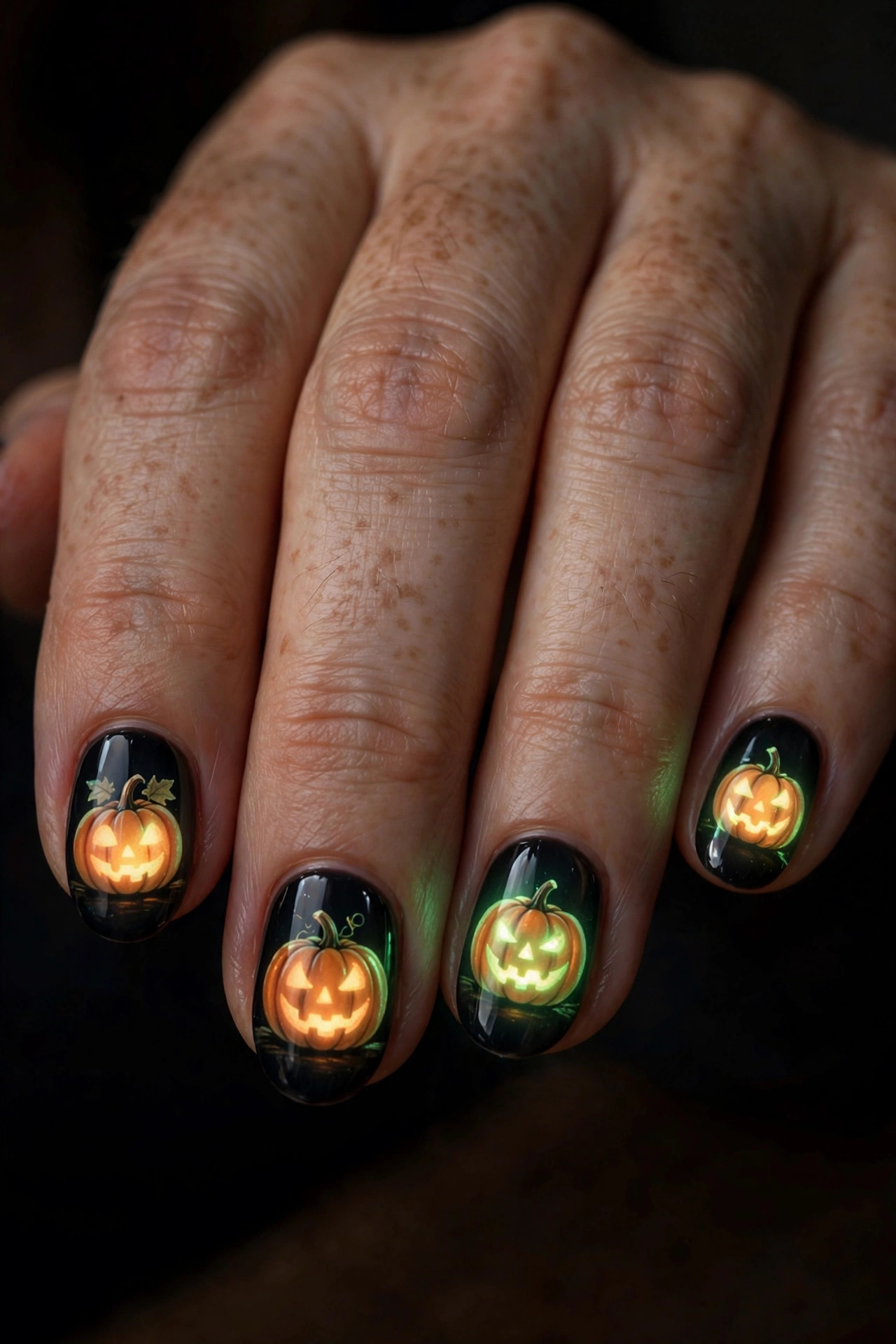Oval nails with glow-in-the-dark pumpkin nail art glowing in dark room