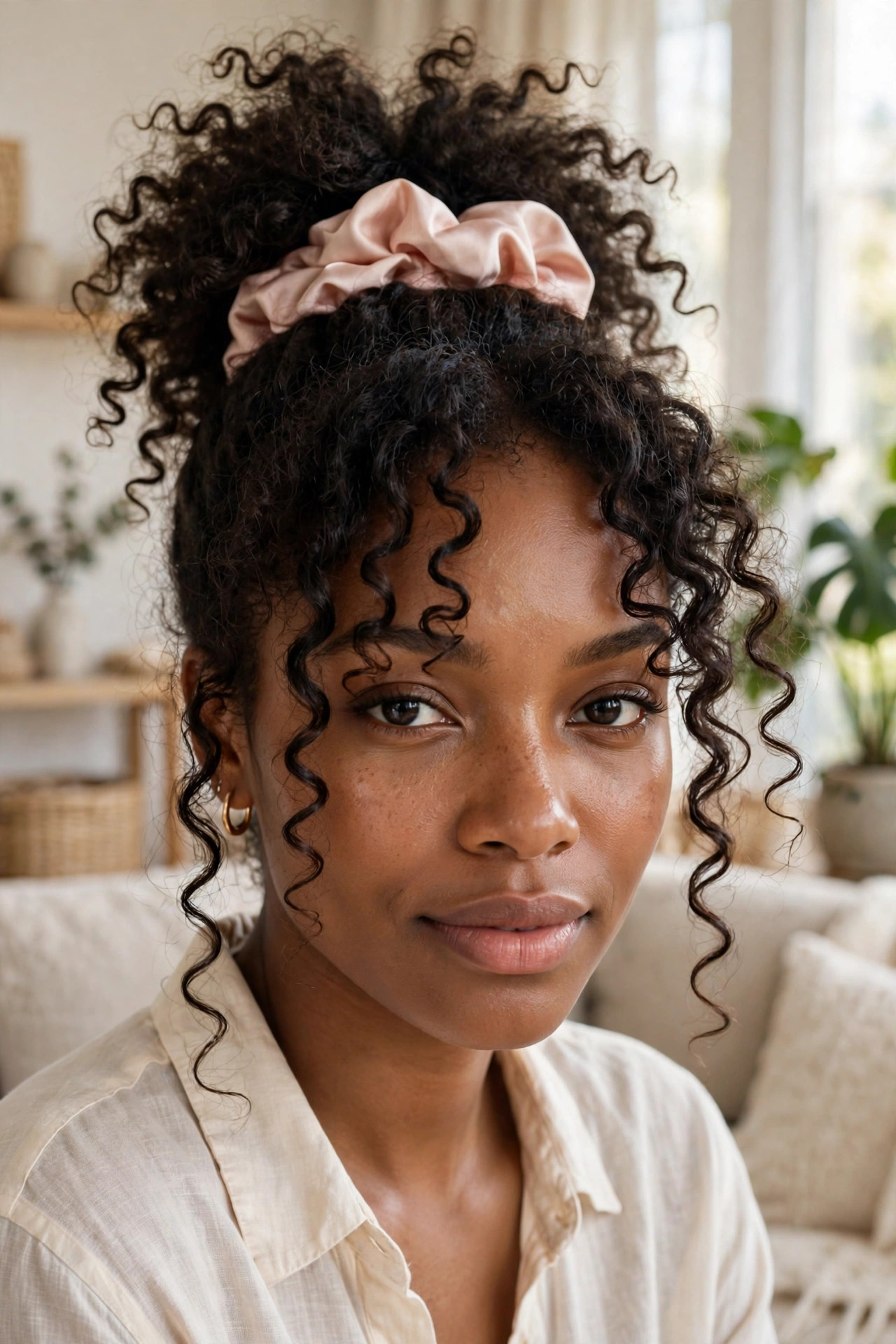 Black woman in her late 20s with natural curls in a high pineapple updo with a silk scrunchie in a bright living room