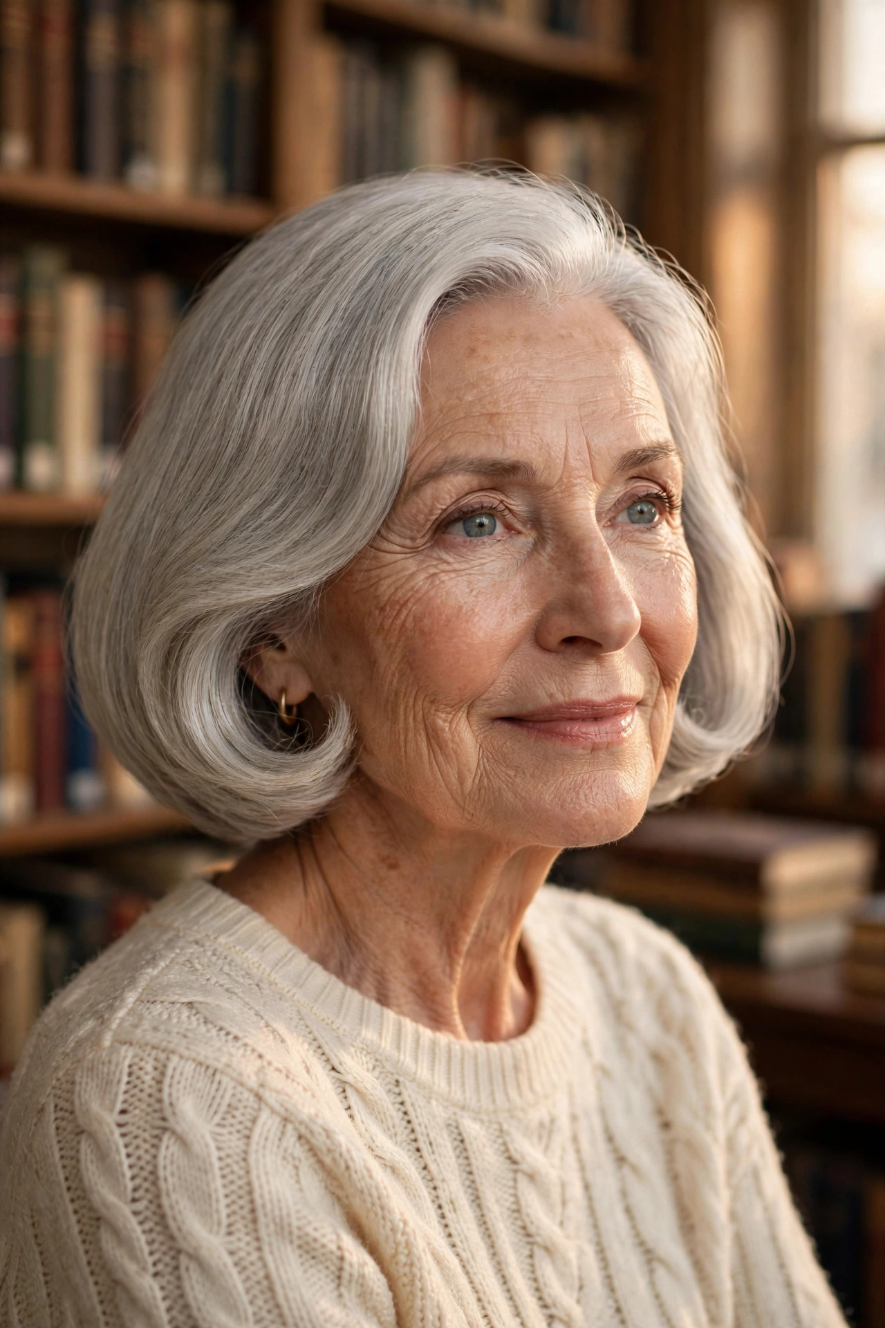 White woman in her late 60s with a silver rounded pageboy bob in a library