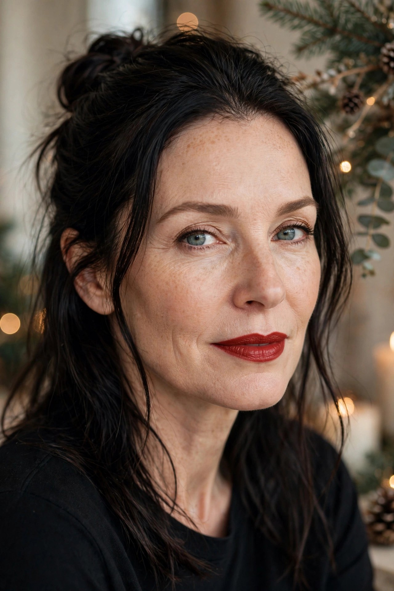 Fair-skinned woman in her mid-40s with a classic red lip and dark hair half-up near holiday decor