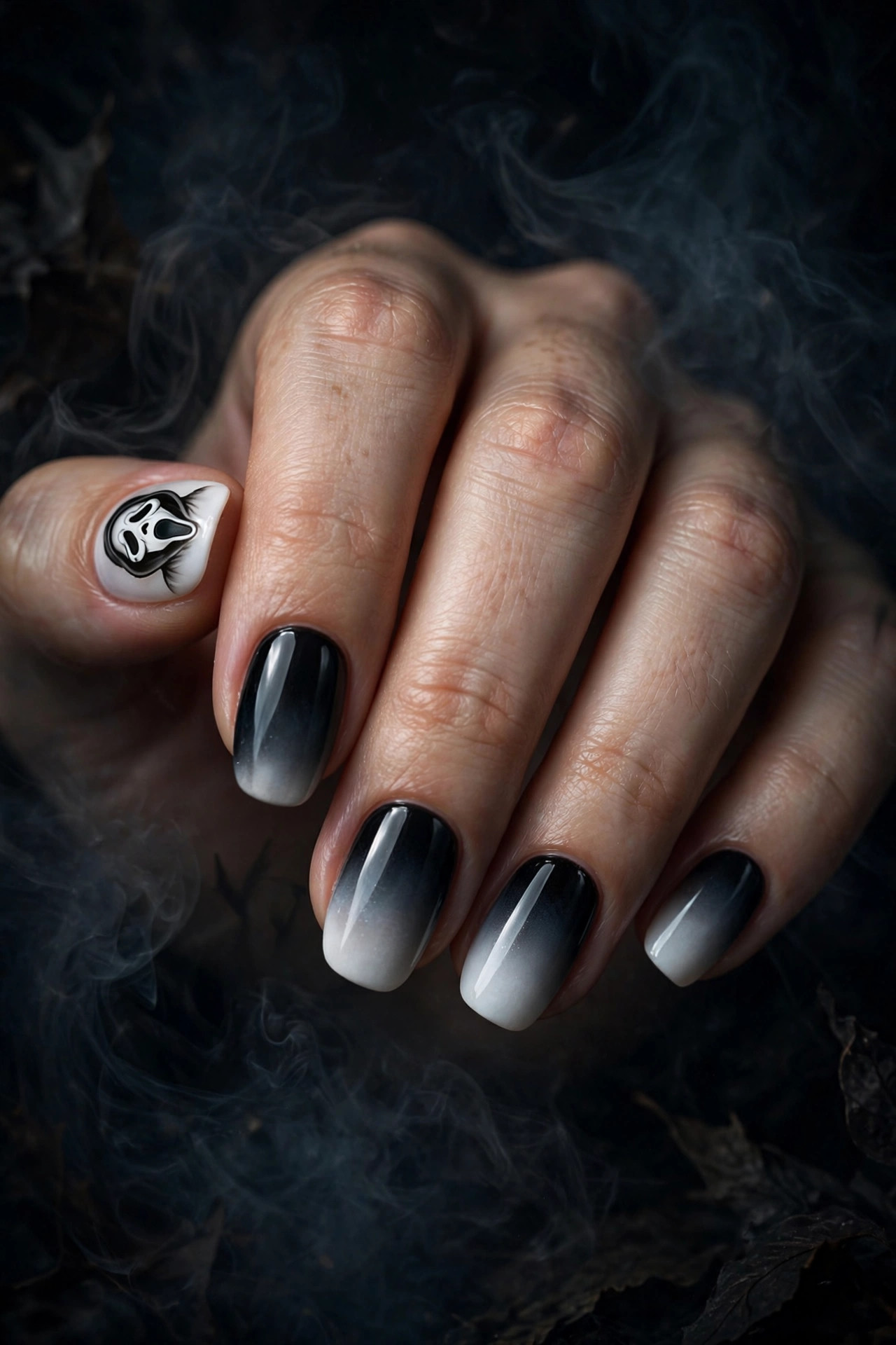 Teen hand with black-to-white ombre fade nails and Ghostface mask