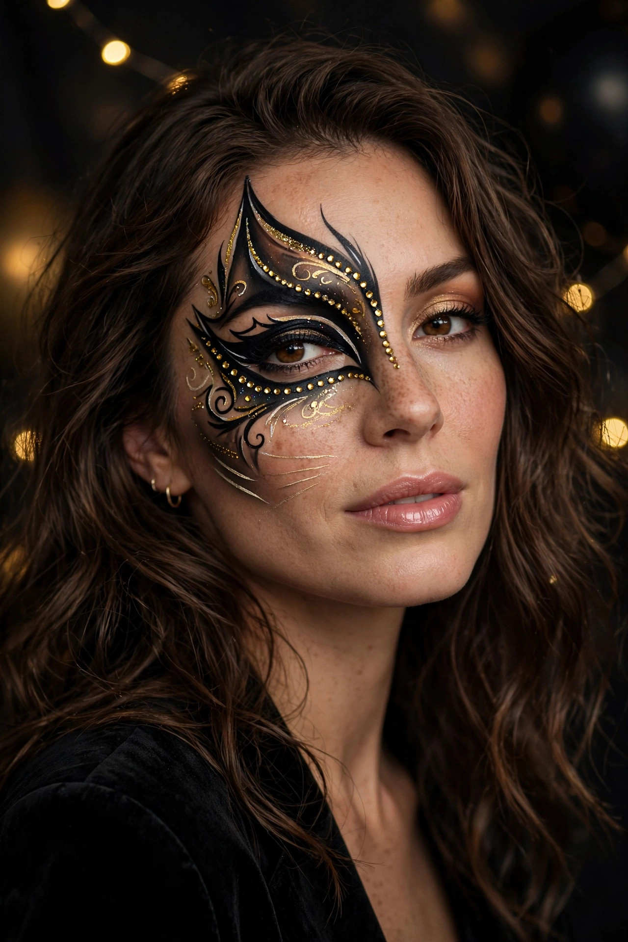 Woman with masquerade half-mask cat makeup for Halloween party, half-face mask illusion with lace details