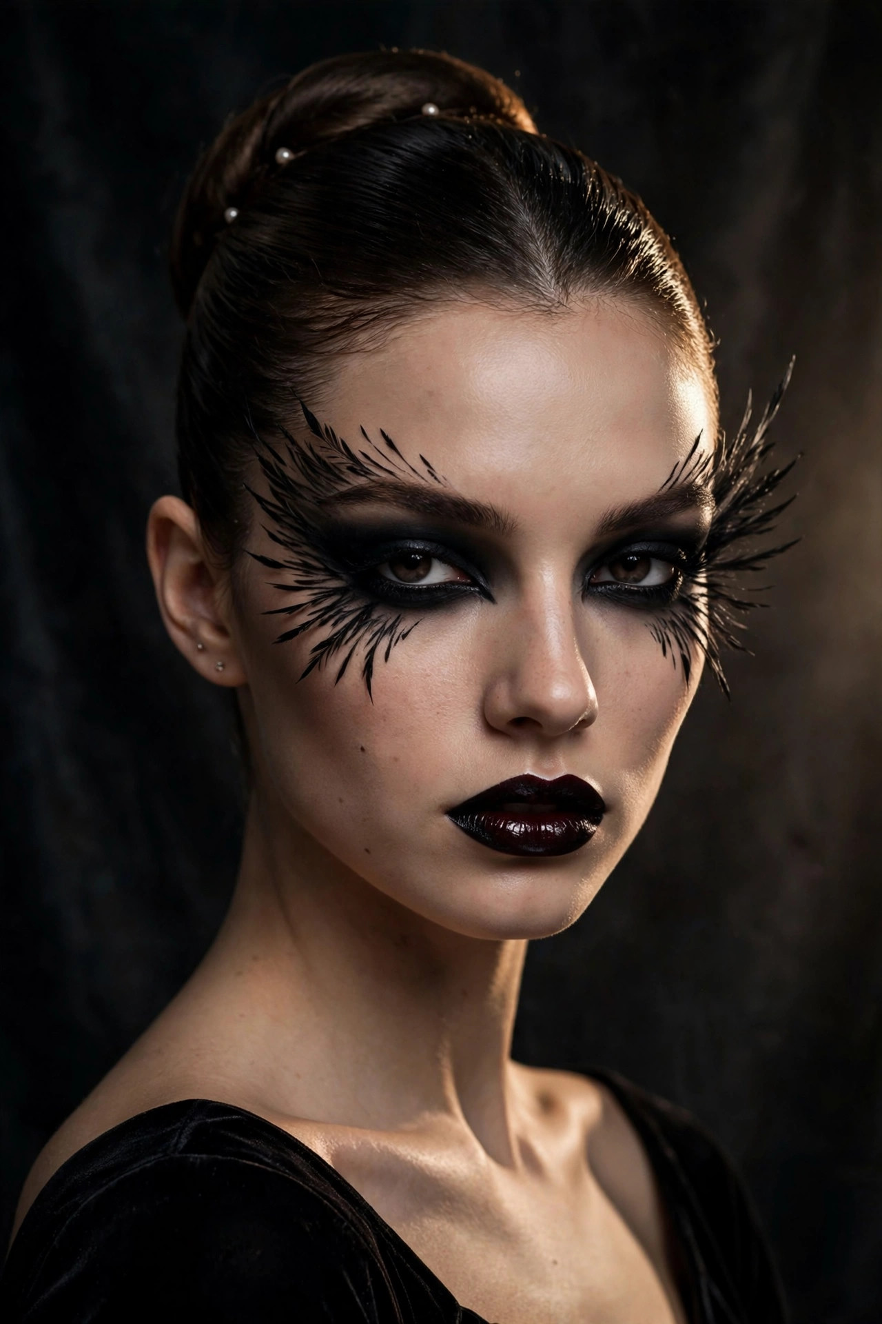 Young woman with black swan Halloween makeup, dramatic feathered black eye