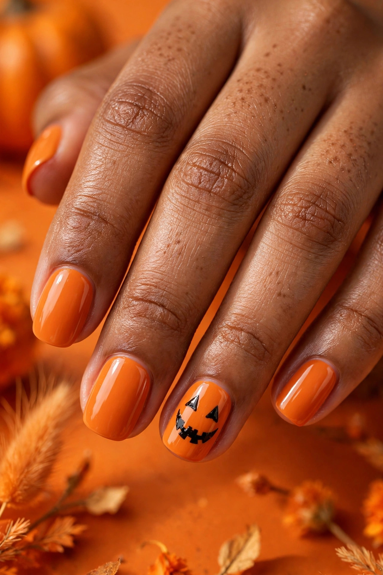 Teen hand with orange nails and jack-o-lantern grin accent nail