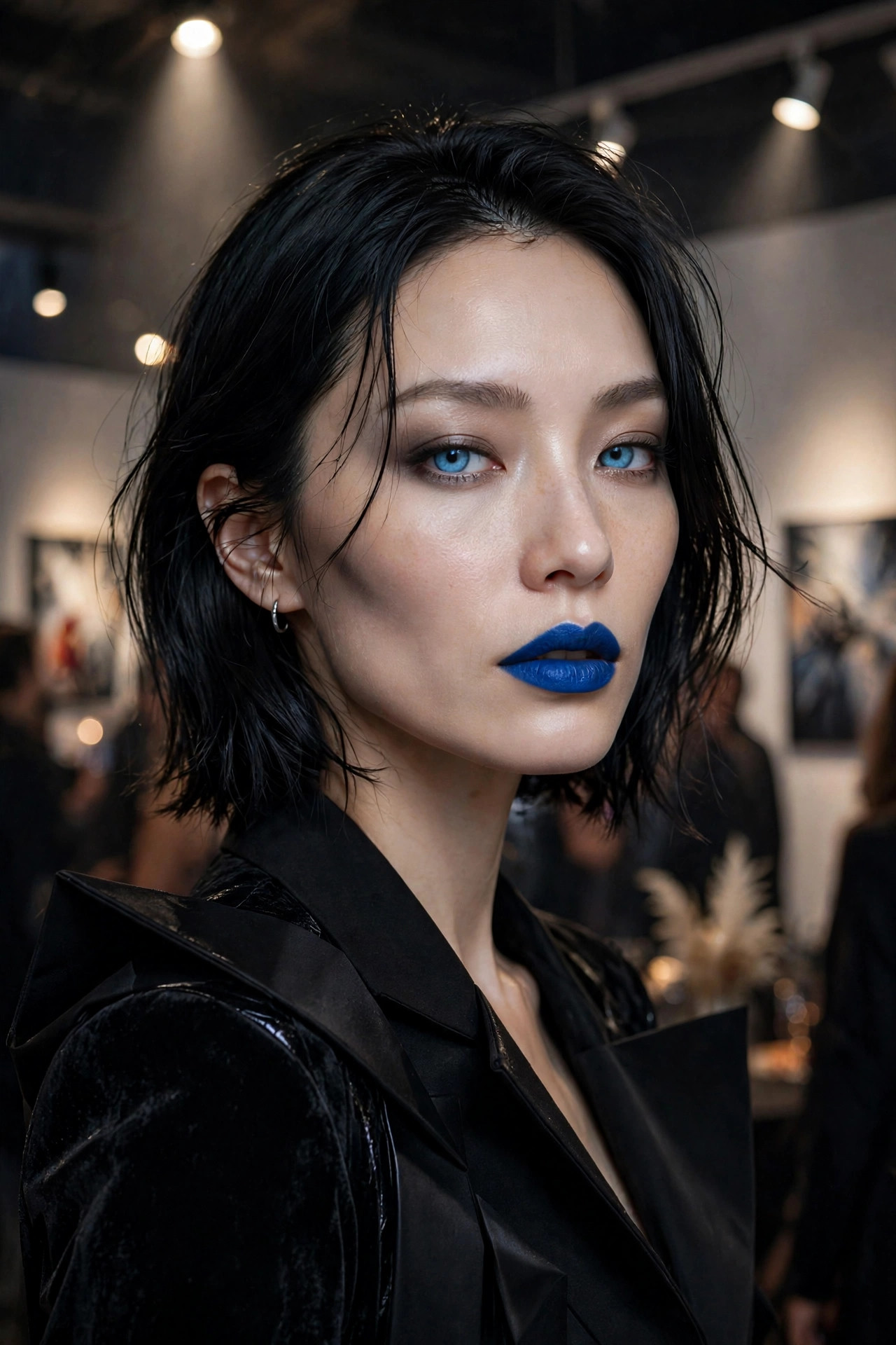 Woman with artistic blue lipstick and blue contact lenses as a creative vampire look