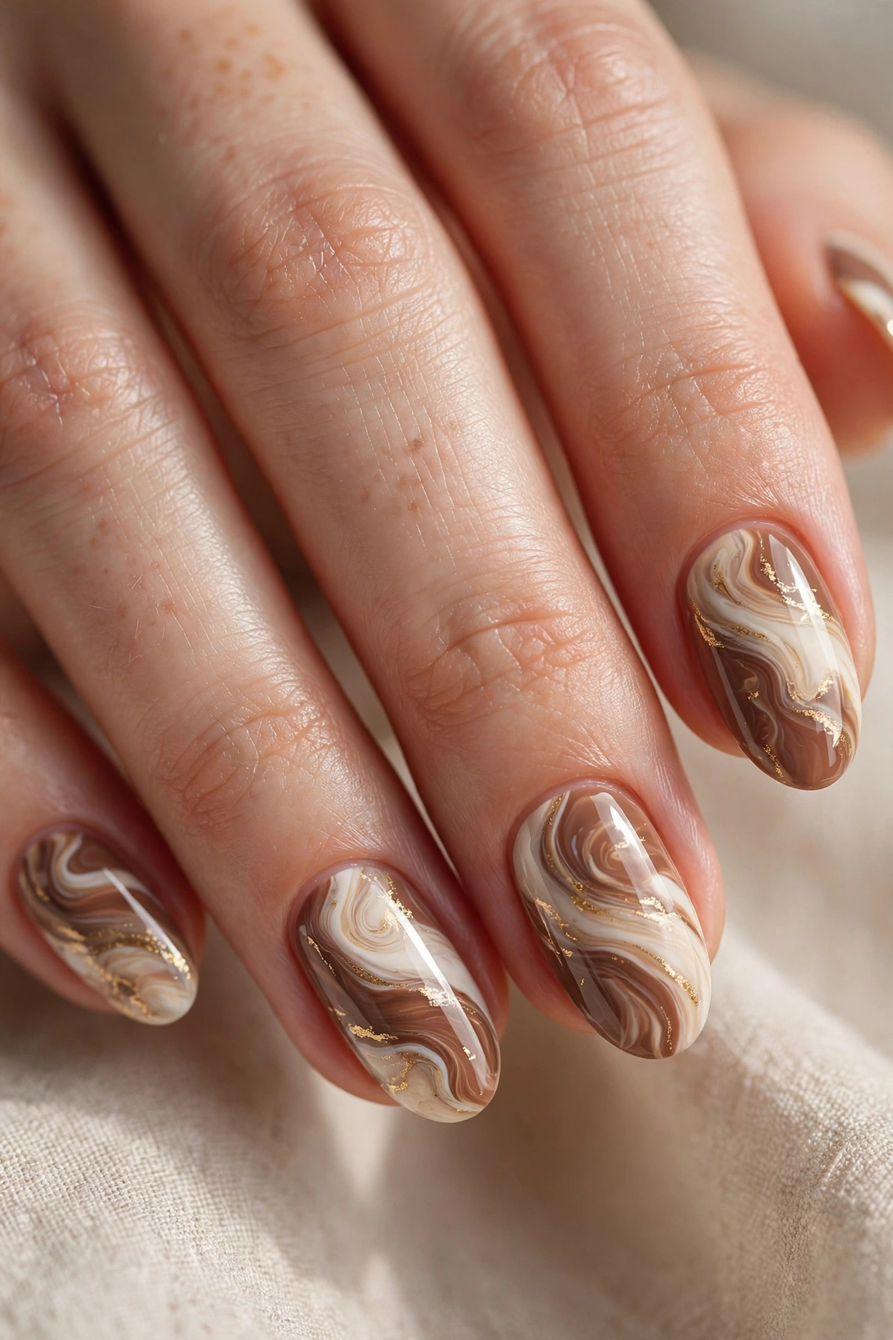 Short almond nails with mocha and cream marble swirl design