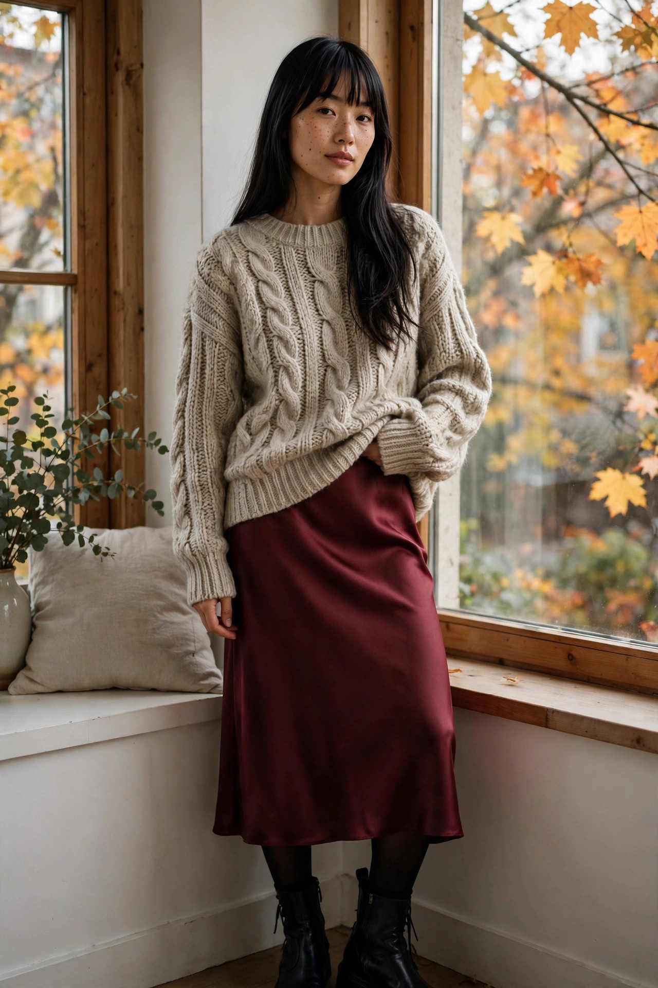 Young woman in a chunky knit sweater with a satin slip skirt by a window