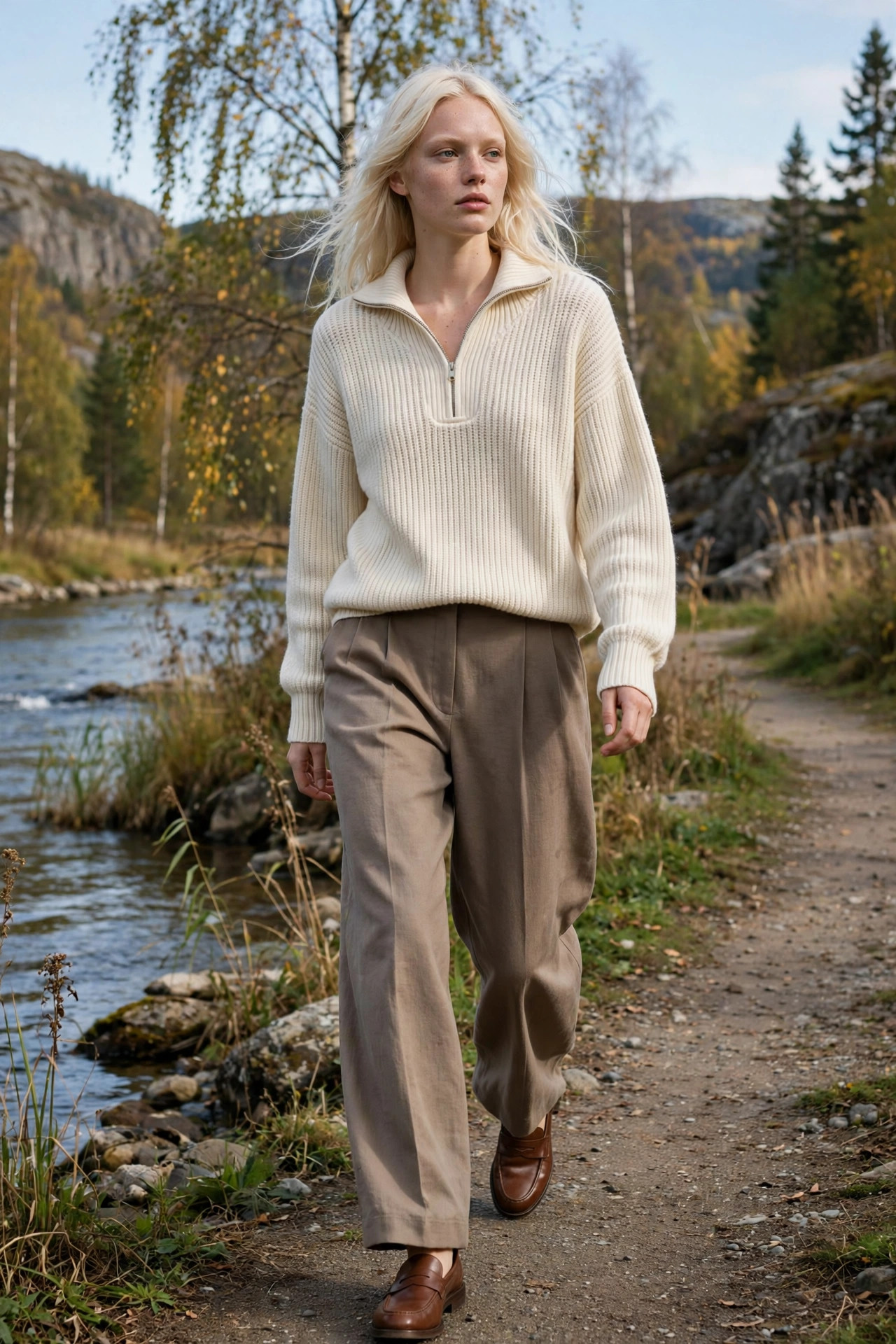 Woman with platinum hair wearing a cream half-zip sweater and wide-leg trousers with loafers on a riverside path