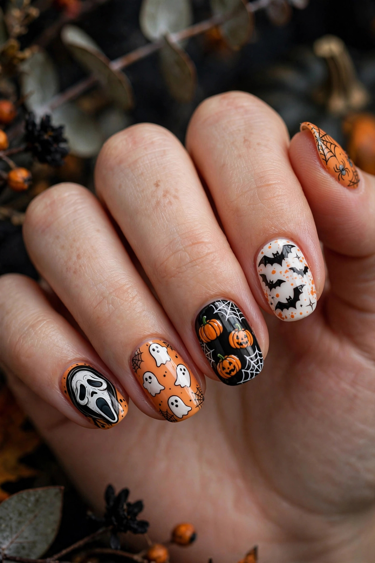 Teen hand with mixed spooky nail set featuring Ghostface ghosts and pumpkins