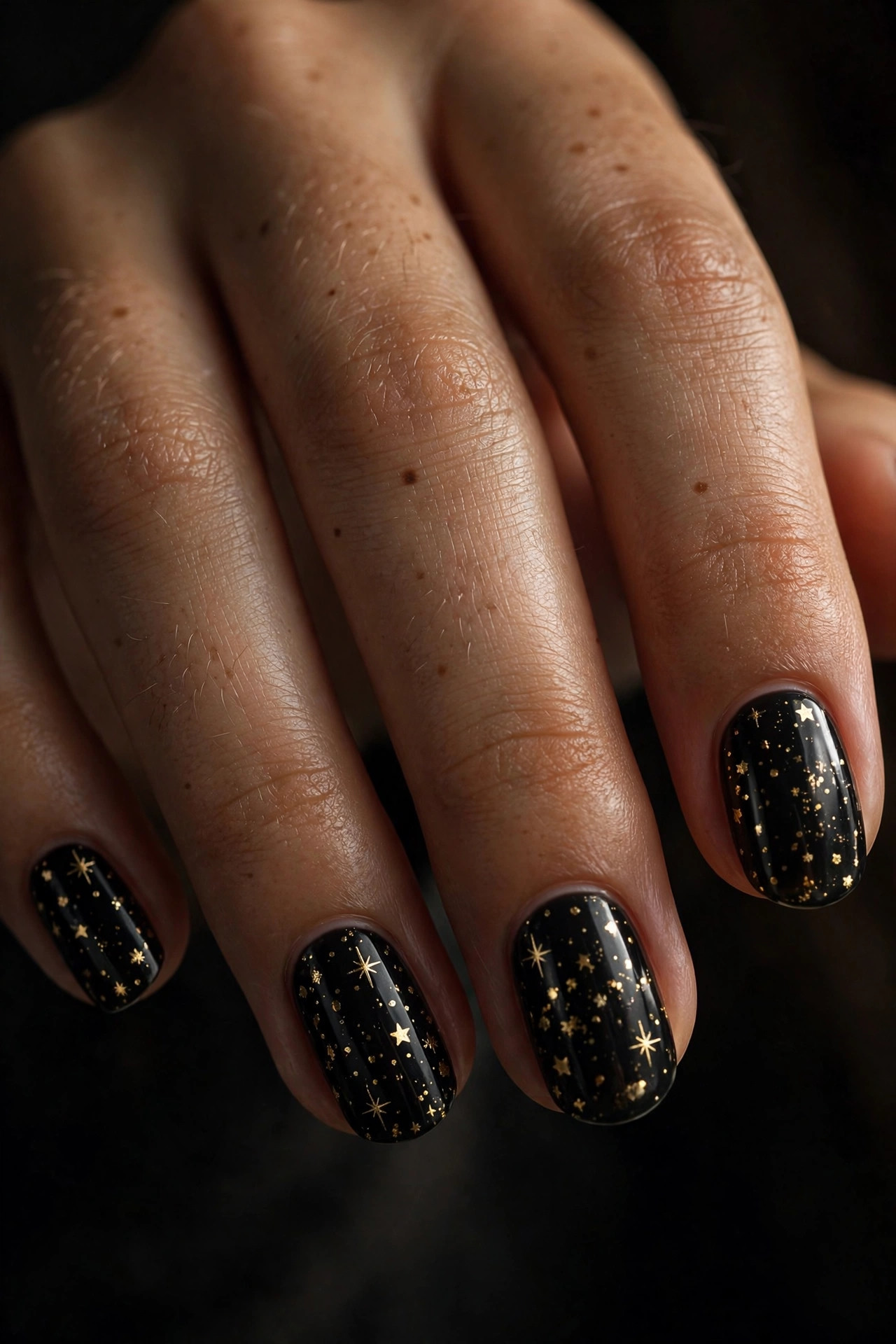 Teen hand with black nails and tiny gold star nail art