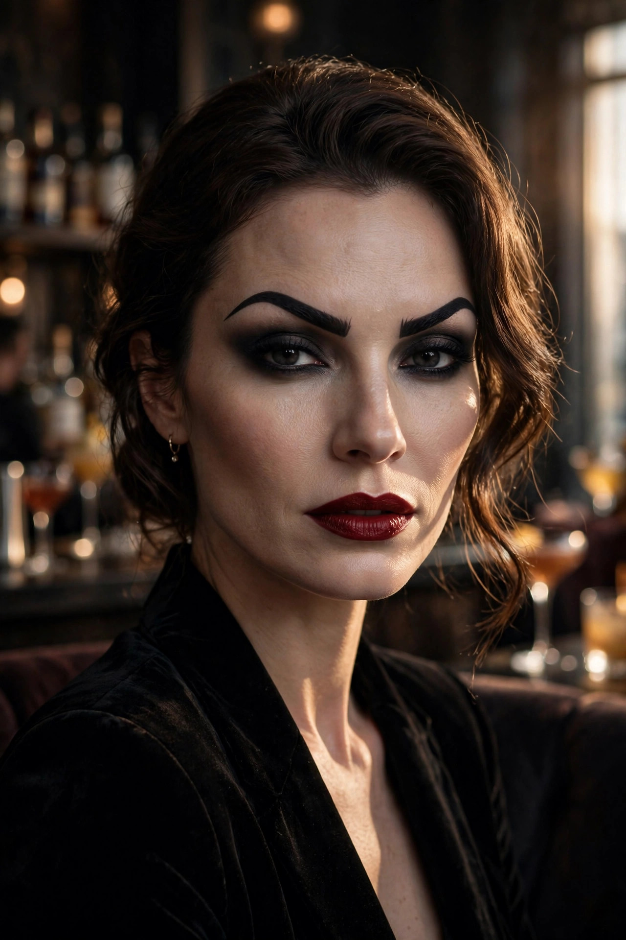 Woman with dramatic arched eyebrows as the focus of vampire party makeup