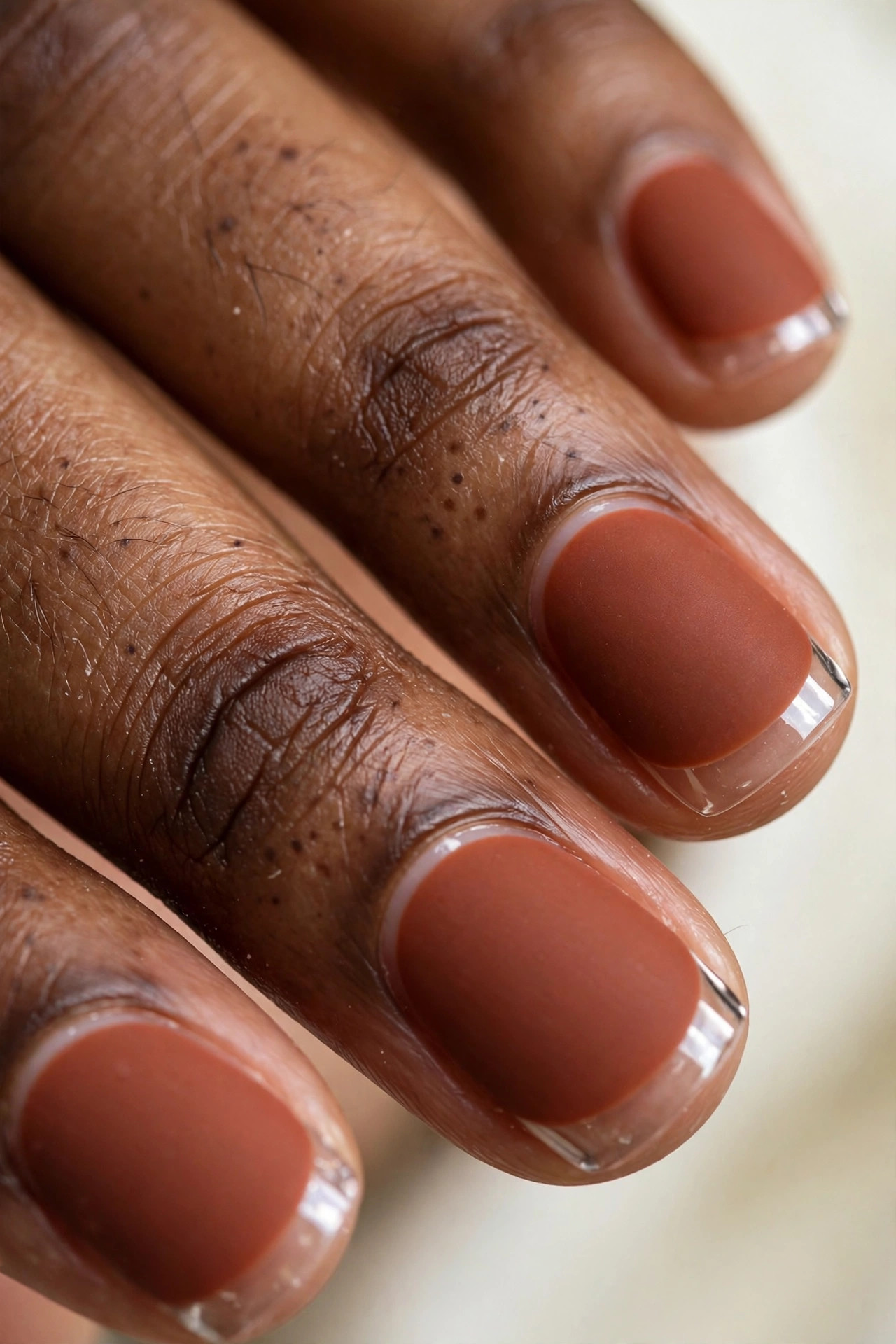 Short matte rust nails with glossy French-style tips
