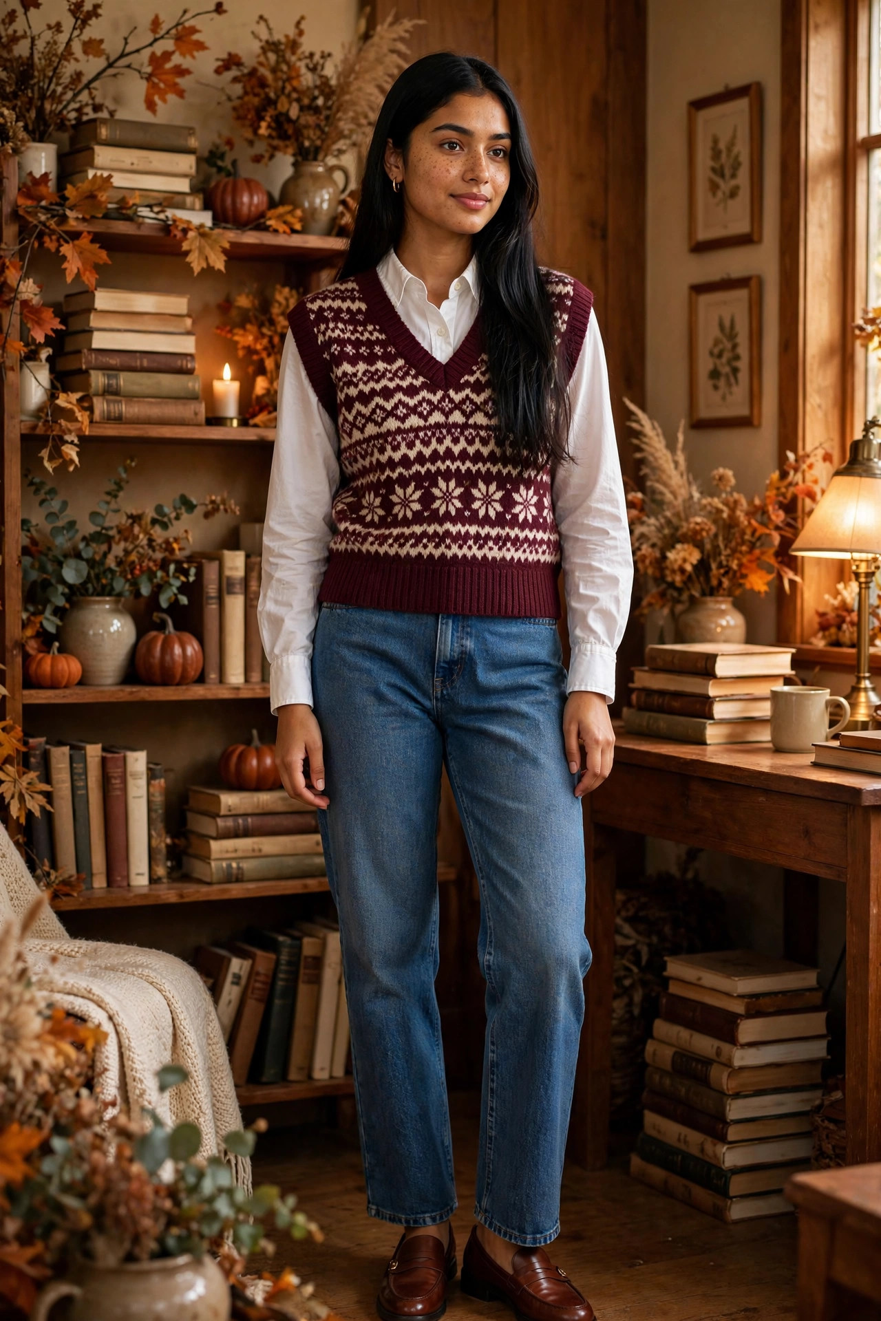 Young woman in a sweater vest over a crisp white shirt with jeans