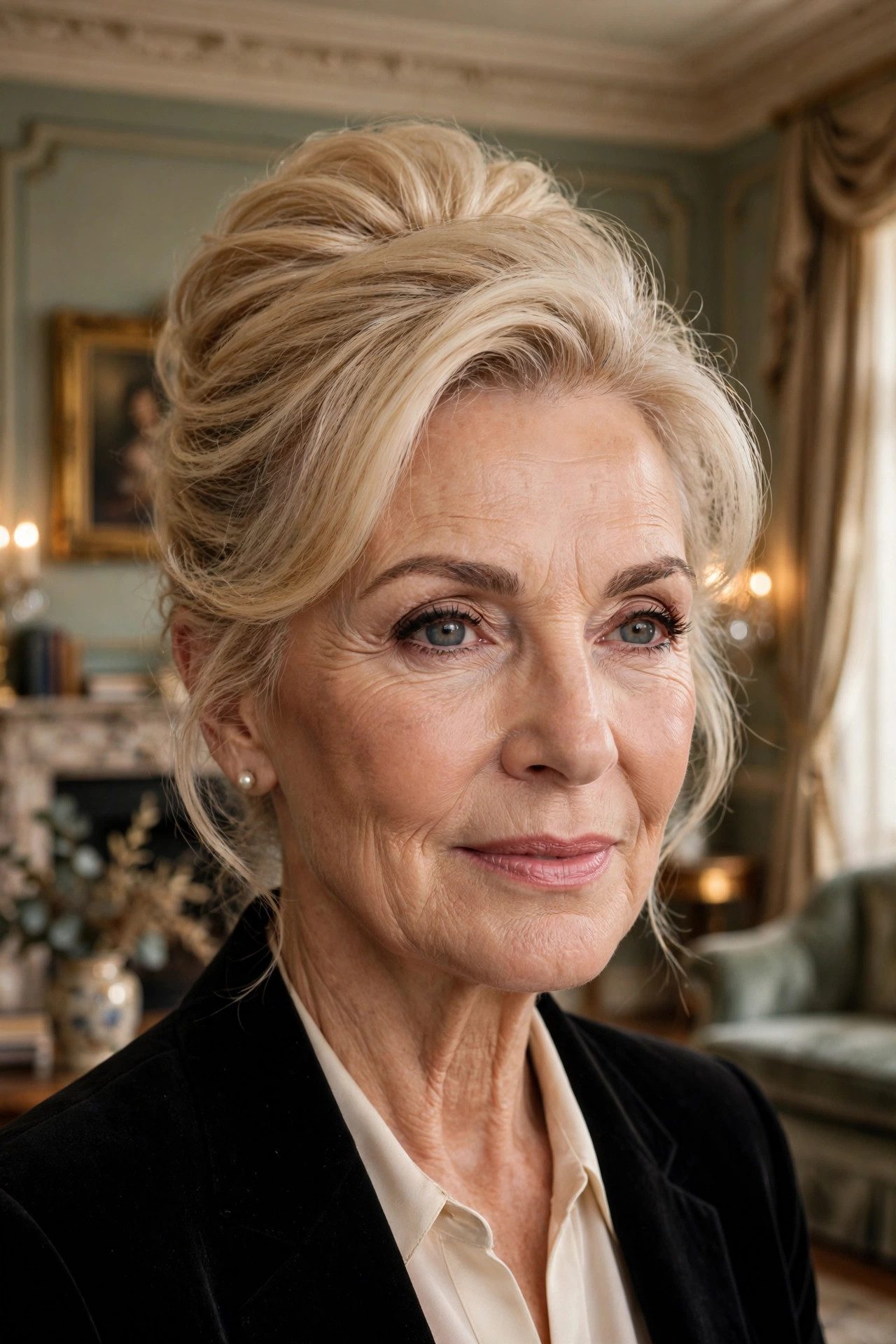Woman in her early 60s with blonde hair in a modern soft beehive updo in a formal living room