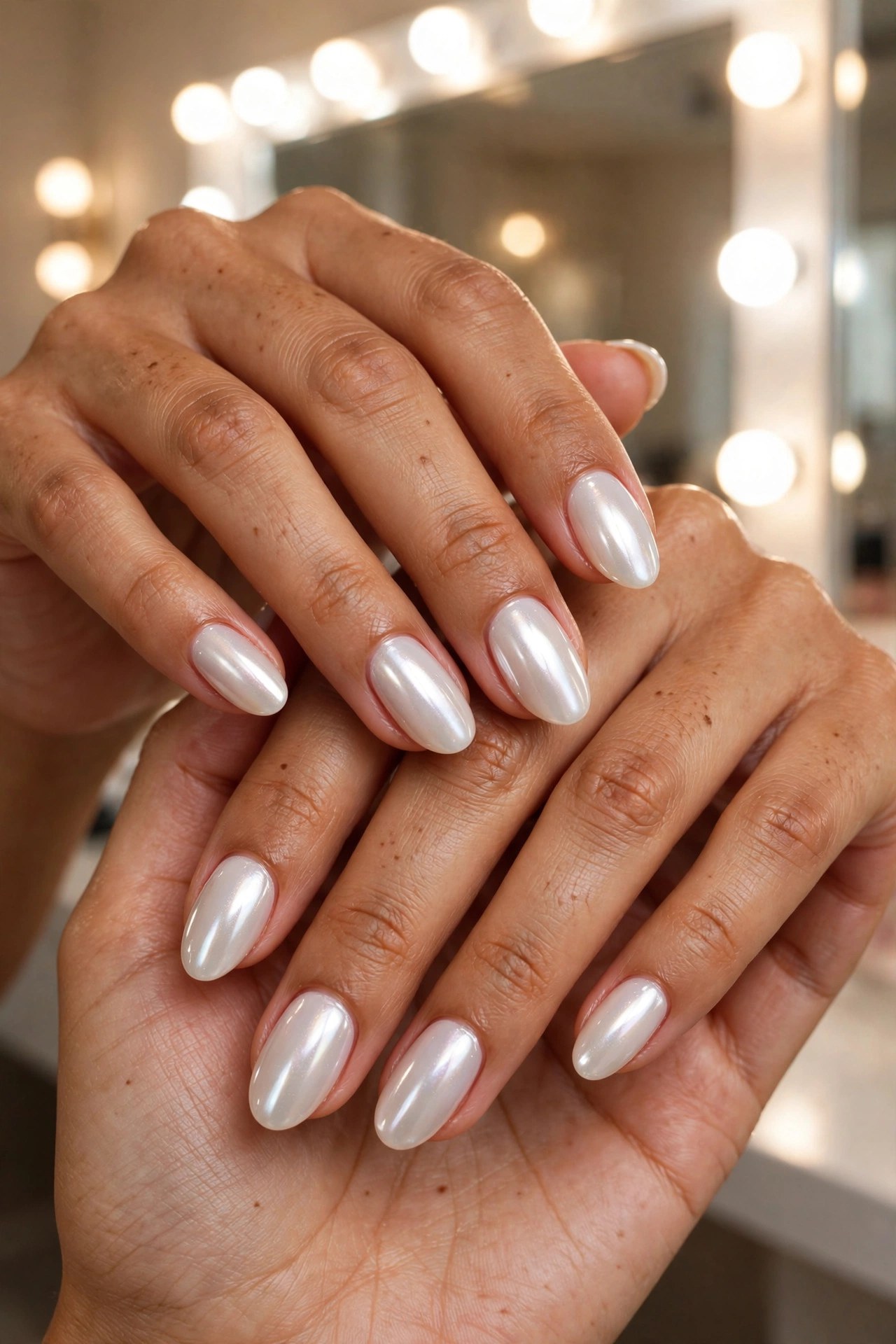 Hands with tan skin and medium oval nails with pearly glazed donut chrome shine