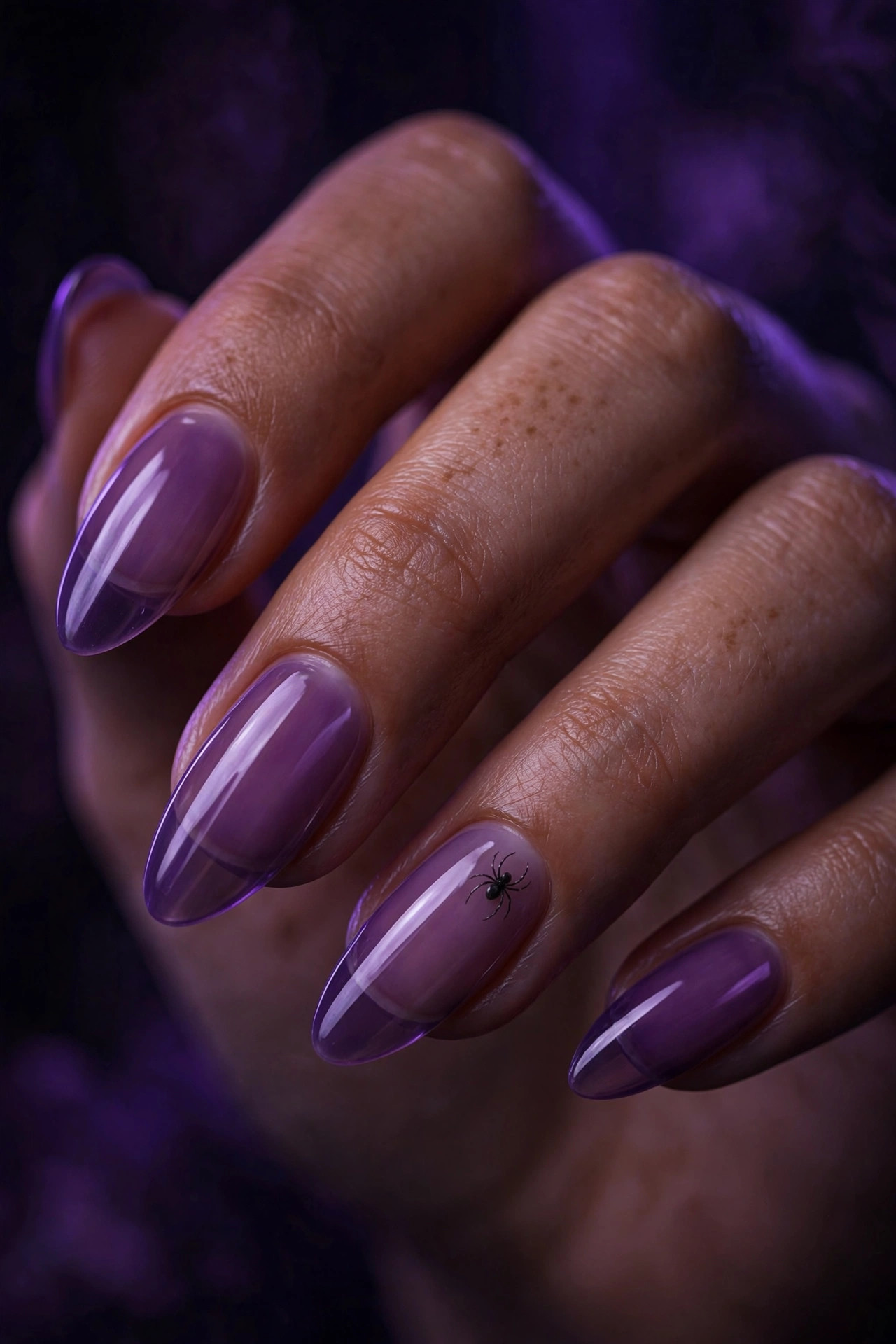 Long almond nails with witchy violet polish and tiny spider accent