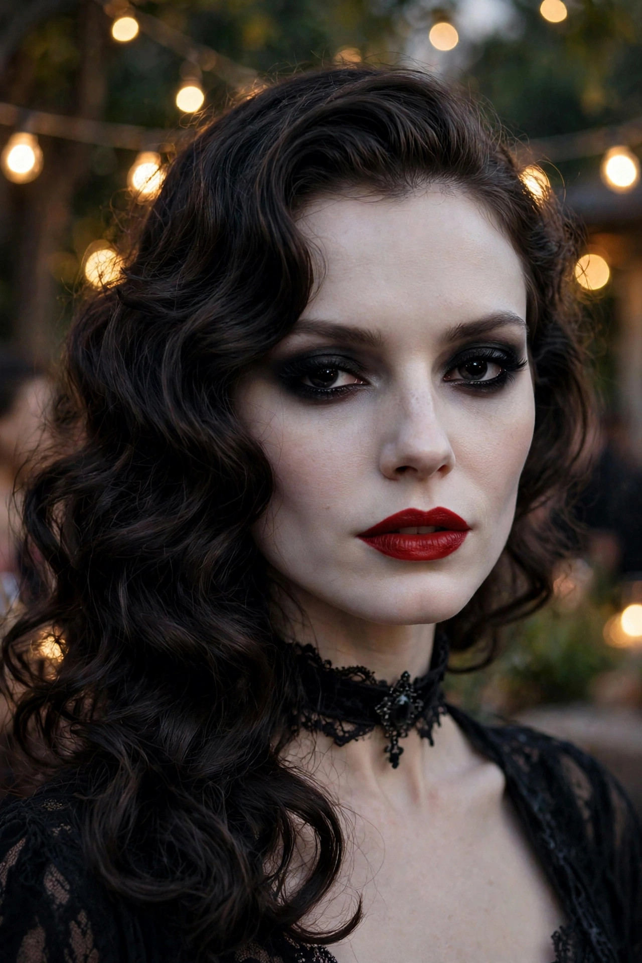 Woman with vampire makeup, vintage choker and glamorous waves at a string-light party