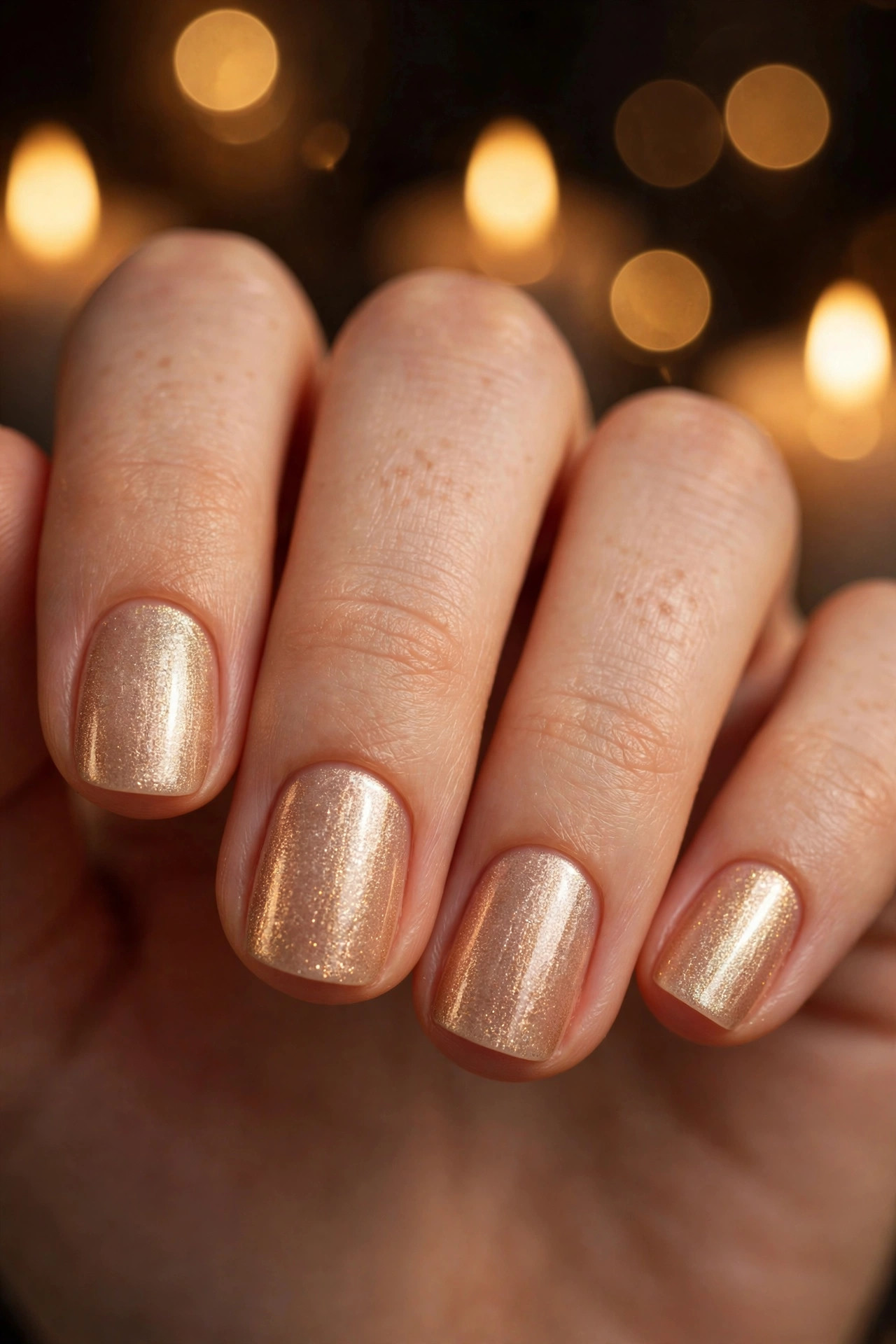 Short nails with champagne shimmer polish glowing in candlelight