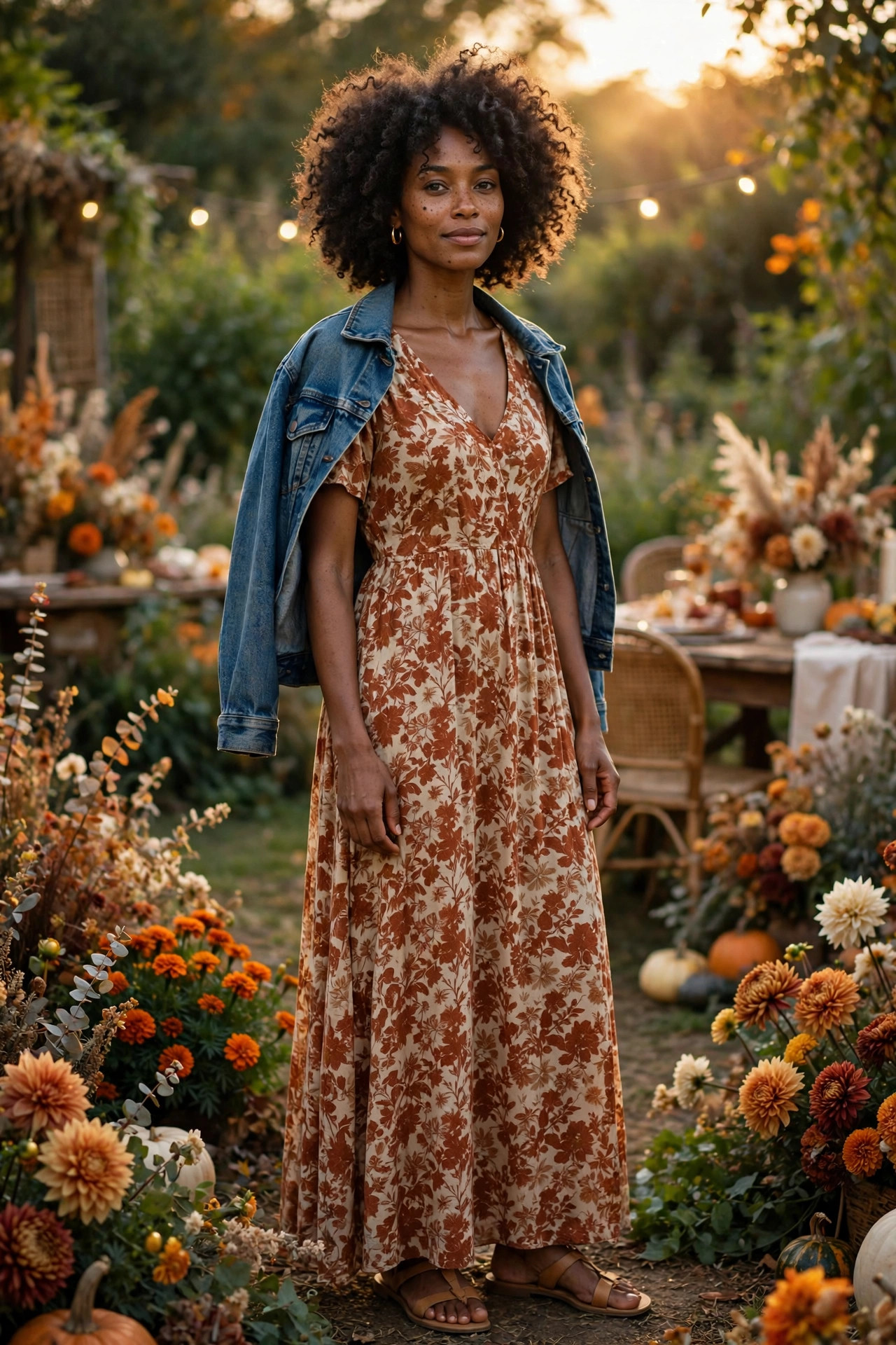Woman in a floral maxi dress with a denim jacket at a garden party